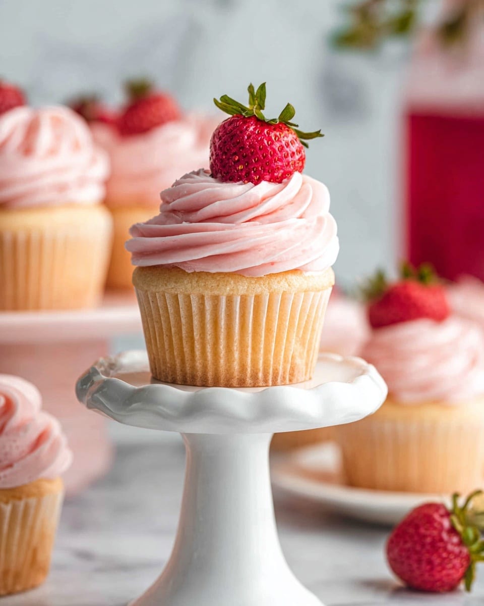 The image shows a group of vanilla cupcakes arranged on a white circular stand with a wooden base, placed on a white marbled surface. Each cupcake has three layers: a light golden yellow base, a thick swirl of smooth pink frosting on top, and a ripe red strawberry with green leaves placed on the frosting peak. One cupcake is cut open, revealing a bright red strawberry jam filling inside. In the foreground, there is a vintage silver spoon holding a small piece of cupcake with pink frosting and red filling. Near the stand, a small white dish holds fresh strawberries, while soft white flowers appear blurred in the front left corner. The background includes a soft pink jar with a spoon that has some pink frosting in it. photo taken with an iphone --ar 4:5 --v 7