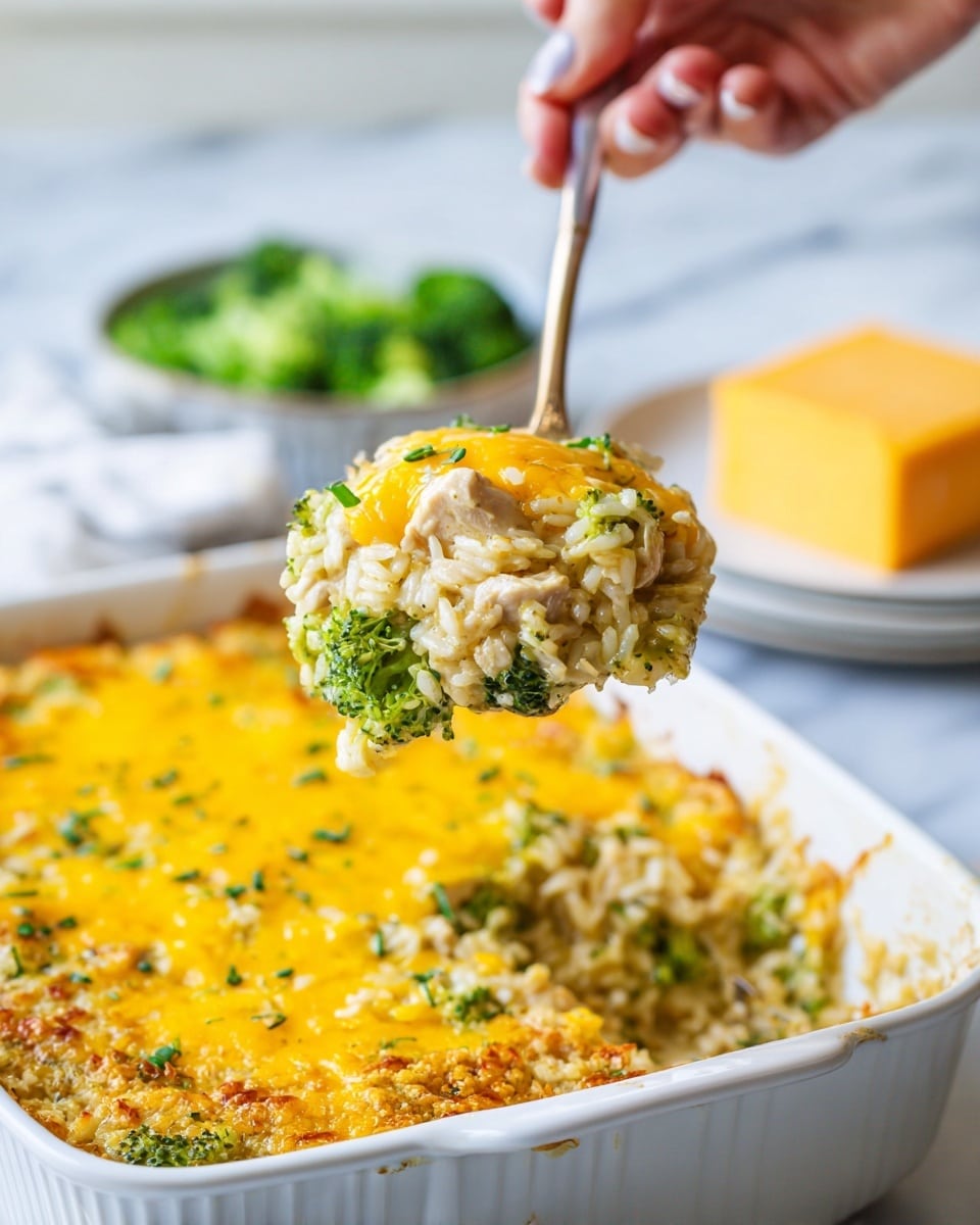 A close-up image shows a spoonful of creamy baked broccoli and rice casserole lifted above a white baking dish. The casserole has two main layers: a golden, melted, slightly browned cheese layer on top and a creamy mixture beneath that contains white rice, small broccoli florets, and chunks of chicken, all mixed with a thick sauce. The baking dish rests on a white marbled surface, and in the background, a block of cheddar cheese on a white plate and a bowl of chopped greens are slightly blurred. A woman's hand holds the spoon lifting the food. Photo taken with an iphone --ar 4:5 --v 7