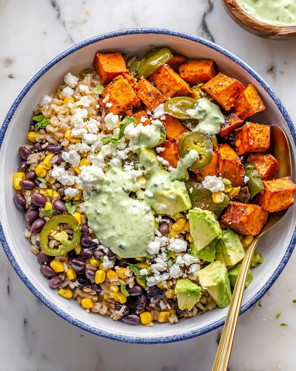 A blue-edged white bowl filled with a colorful mix of roasted orange sweet potato chunks, light brown rice, black beans, yellow corn, and green bell pepper slices, topped with small cubes of light green avocado and white crumbled cheese. On one side, there is a generous dollop of creamy light green sauce with visible black pepper flakes. A gold spoon rests inside the bowl, slightly submerged in the food, and the bowl sits on a white marbled surface with some fresh cilantro and sliced green peppers nearby. Photo taken with an iphone --ar 4:5 --v 7