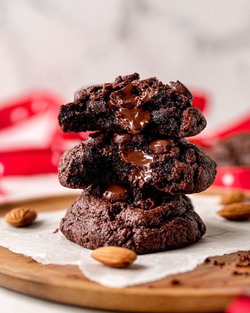 A stack of three rich, dark chocolate cookies is shown on a piece of parchment paper on a wooden plate, all placed on a white marbled surface. The bottom cookie is whole with a firm, chunky texture and visible chocolate chunks. The middle cookie is broken, showing a gooey, melted chocolate center with shiny chocolate pieces oozing out. The top cookie is also broken in half, revealing a soft, moist inside filled with more melted chocolate, with the top side looking crumbly and textured. A blurred red ribbon and some almonds lay around the plate in the foreground. Photo taken with an iphone --ar 4:5 --v 7