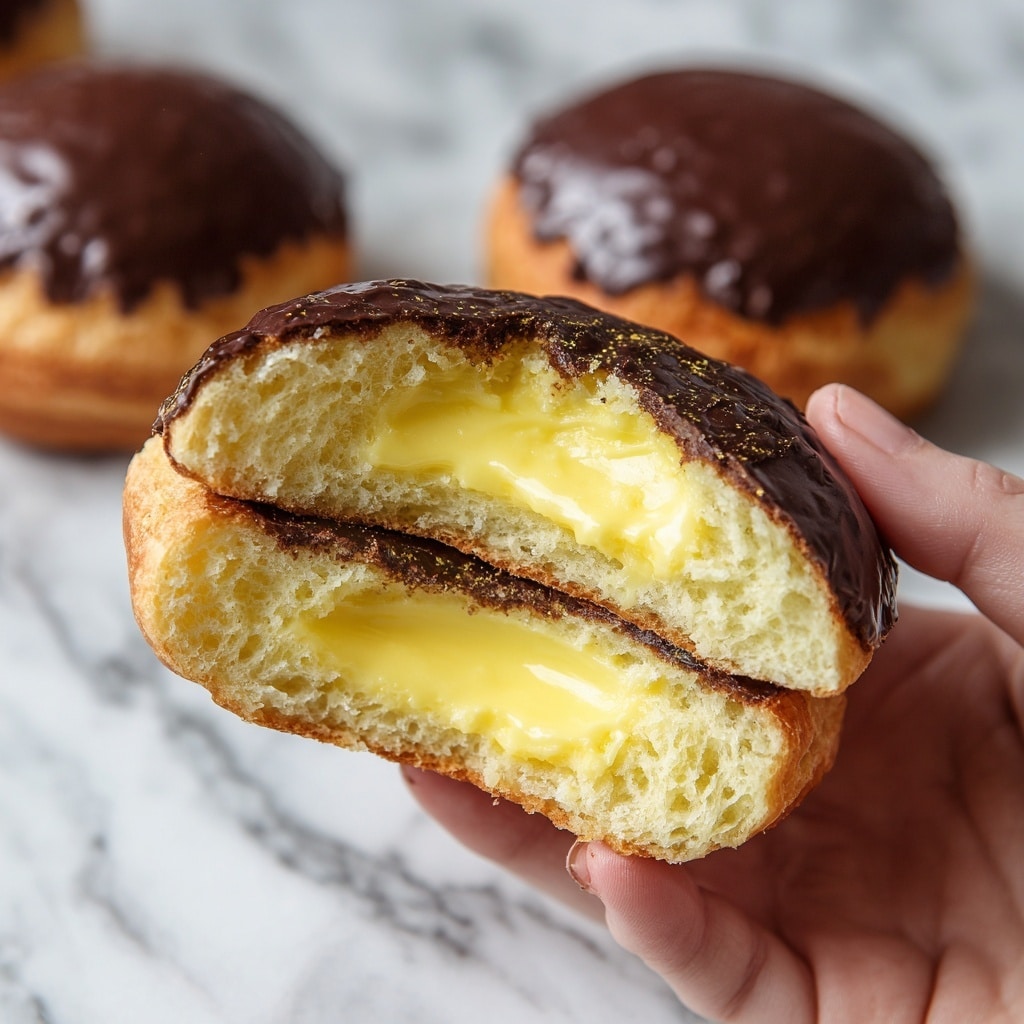 The image shows several round pastries with three distinct layers. The bottom layer is a golden brown choux pastry that looks light and slightly rough in texture. The middle layer is a creamy yellow custard filling that peeks out slightly from the sides of each pastry. The top layer is a thick, shiny, dark chocolate glaze that smoothly covers the top of the pastries with some swirl patterns. The pastries are placed close together on a baking sheet with a beige parchment paper, all set on a white marbled surface. photo taken with an iphone --ar 4:5 --v 7