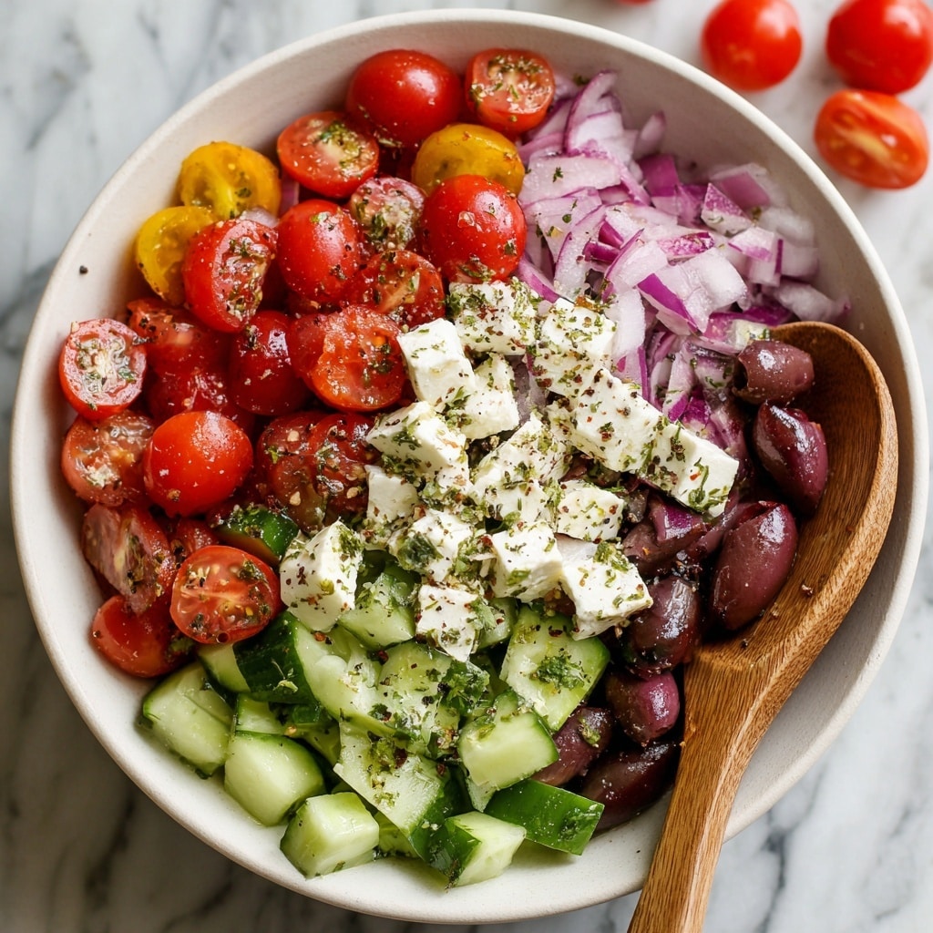 A white bowl filled with a colorful Greek salad sitting on a white marbled surface. The salad has multiple layers: sliced green cucumbers with a smooth texture, bright red cherry tomatoes halved and whole, small cubes of white feta cheese, dark purple olives cut in half, thin slices of red onion with a slight shine, and chunks of orange bell pepper. The ingredients are mixed together evenly, showing a fresh, juicy look with light seasonings. Next to the bowl are a cluster of cherry tomatoes still on the vine and a wooden spoon with a warm brown color. photo taken with an iphone --ar 4:5 --v 7