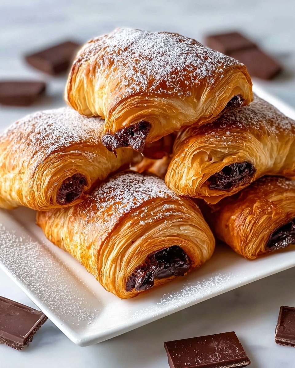 The image shows a white rectangular plate filled with six golden-brown chocolate croissants. Each croissant has many thin, crispy layers of flaky pastry, with a dark, rich chocolate filling clearly visible in the center of the front two croissants. The tops of the croissants are dusted lightly with white powdered sugar, adding a snowy texture. Around the plate, small chunks of dark chocolate pieces are scattered on a white marbled surface. The overall look is warm, fresh, and inviting. photo taken with an iphone --ar 4:5 --v 7