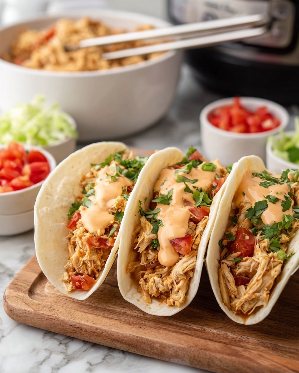 Three soft tortillas filled with shredded chicken mixed with small red tomato pieces and green herbs, topped with a light orange melted cheese sauce, arranged side by side on a wooden board. On each tortilla, there are bits of green lettuce mixed with the chicken. To the left, a white bowl is filled with shredded light green lettuce, and to the right, a white bowl holds chopped red tomatoes. The whole scene is set on a white marbled surface with some green cilantro scattered around. photo taken with an iphone --ar 4:5 --v 7