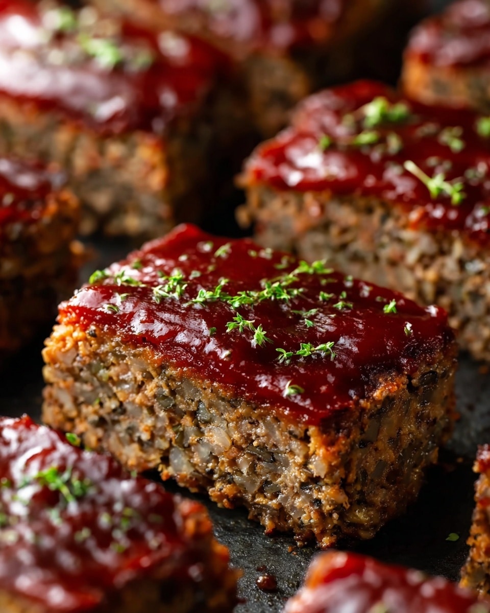A white speckled plate holds a meal with three main parts: on the right side is a thick square slice of meatloaf divided into three smaller sections, topped with a shiny layer of reddish-brown glaze and sprinkled with small green herb pieces; on the upper left side are several golden brown roasted potato halves with a slightly crispy skin and bits of green herbs; and on the lower left side is a neat pile of bright green peas with a few grains of black pepper visible. The plate sits on a white marbled surface. Photo taken with an iphone --ar 4:5 --v 7