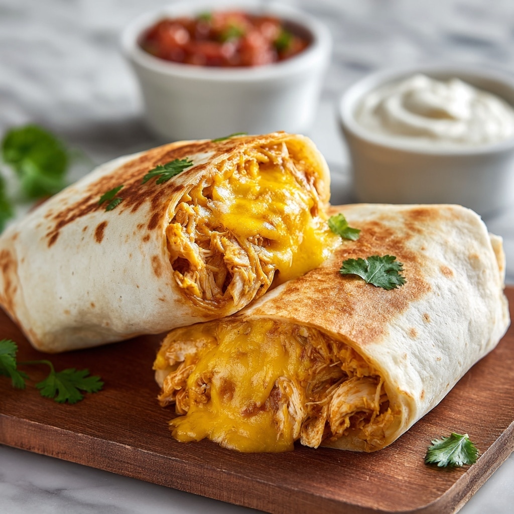 Three golden brown burritos are shown close up on a dark surface with a white marbled texture added behind. Each burrito is tightly wrapped in a soft tortilla with a crispy, slightly browned outer layer. The top of each burrito is covered with melted orange cheddar cheese sprinkled with small bits of green cilantro leaves. The front burrito is slightly open on one side, showing juicy, shredded chicken mixed with a reddish-brown sauce inside. The burritos look warm and fresh, with a gooey texture on the cheese and juicy filling visible. Photo taken with an iphone --ar 4:5 --v 7