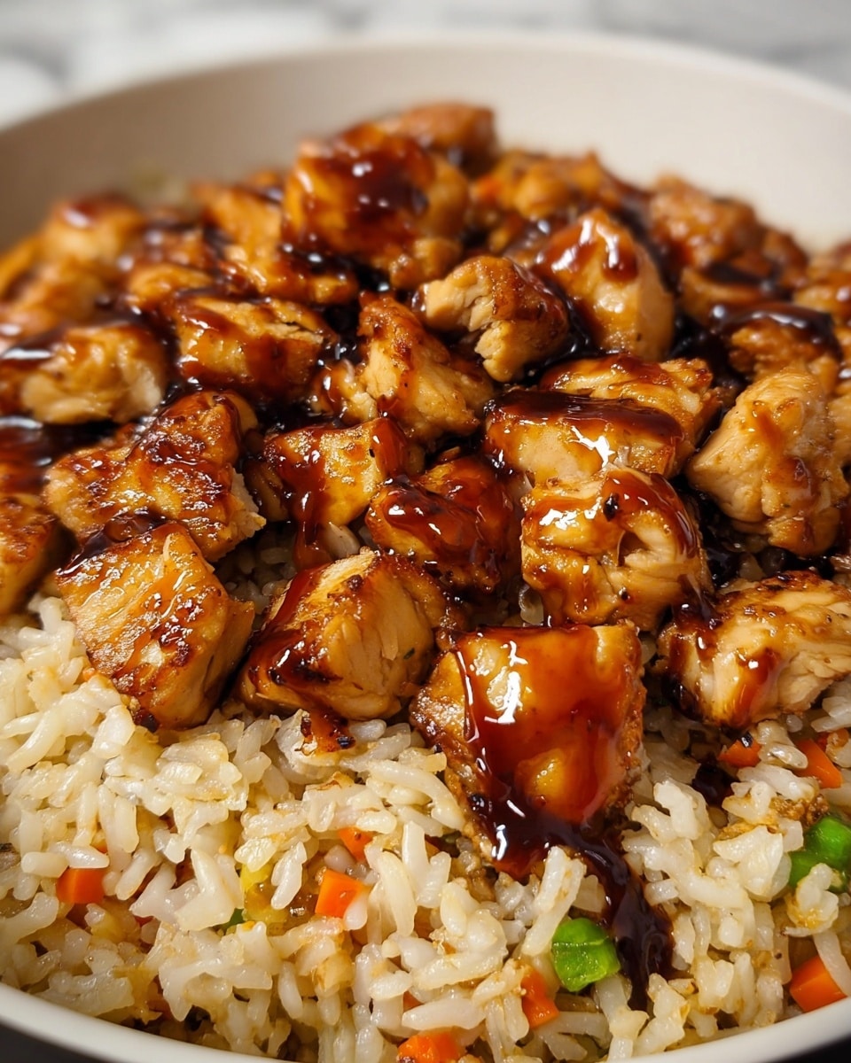 The dish shows a close-up view of grilled chicken pieces with a shiny, dark brown glaze, placed on top of a bed of fried rice that has visible green peas and small orange carrot bits mixed in. The rice has a moist texture with lightly browned spots, and the chicken pieces have a slightly charred, caramelized surface that reflects light, making them look juicy and tender. The food is served in a white bowl, and the background consists of a white marbled texture. photo taken with an iphone --ar 4:5 --v 7