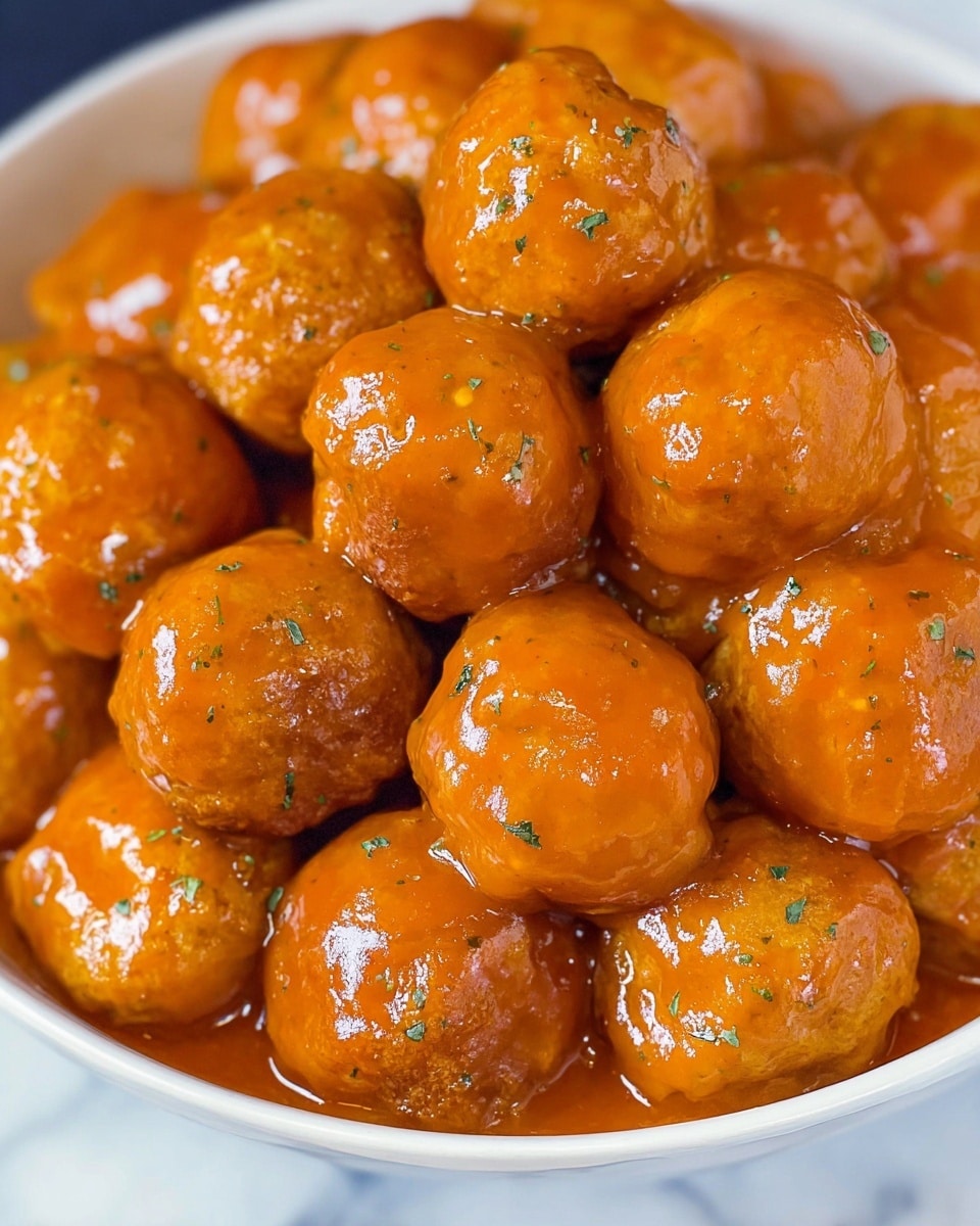 The image shows a white oval dish filled with many small, round meatballs covered in a shiny orange glaze sprinkled with small green herbs. The meatballs are packed tightly, forming one thick layer that fills the dish to the top. Behind the dish, three sauce bottles of different colors—yellow, orange, and dark brown—are visible, slightly blurred, standing on a white marbled surface with a colorful cloth nearby. The meatballs look moist and glossy, with a textured surface beneath the sauce. photo taken with an iphone --ar 4:5 --v 7