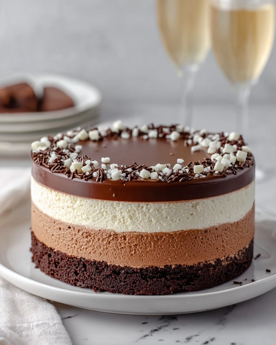 A round cake with four visible layers sits on a white cake stand against a white marbled texture. The bottom layer is a dark, rich chocolate cake with a soft crumb texture. Above it is a thinner layer of creamy light brown chocolate mousse, followed by a thick layer of white whipped cream with a smooth, airy texture. The top layer is a thick, darker chocolate mousse with a shiny, smooth surface. Covering the top is a glossy dark chocolate ganache that drips slightly down the sides. Five swirls of white whipped cream sit on top, each sprinkled with small chocolate curls and white sugar crystals. Photo taken with an iphone --ar 4:5 --v 7
