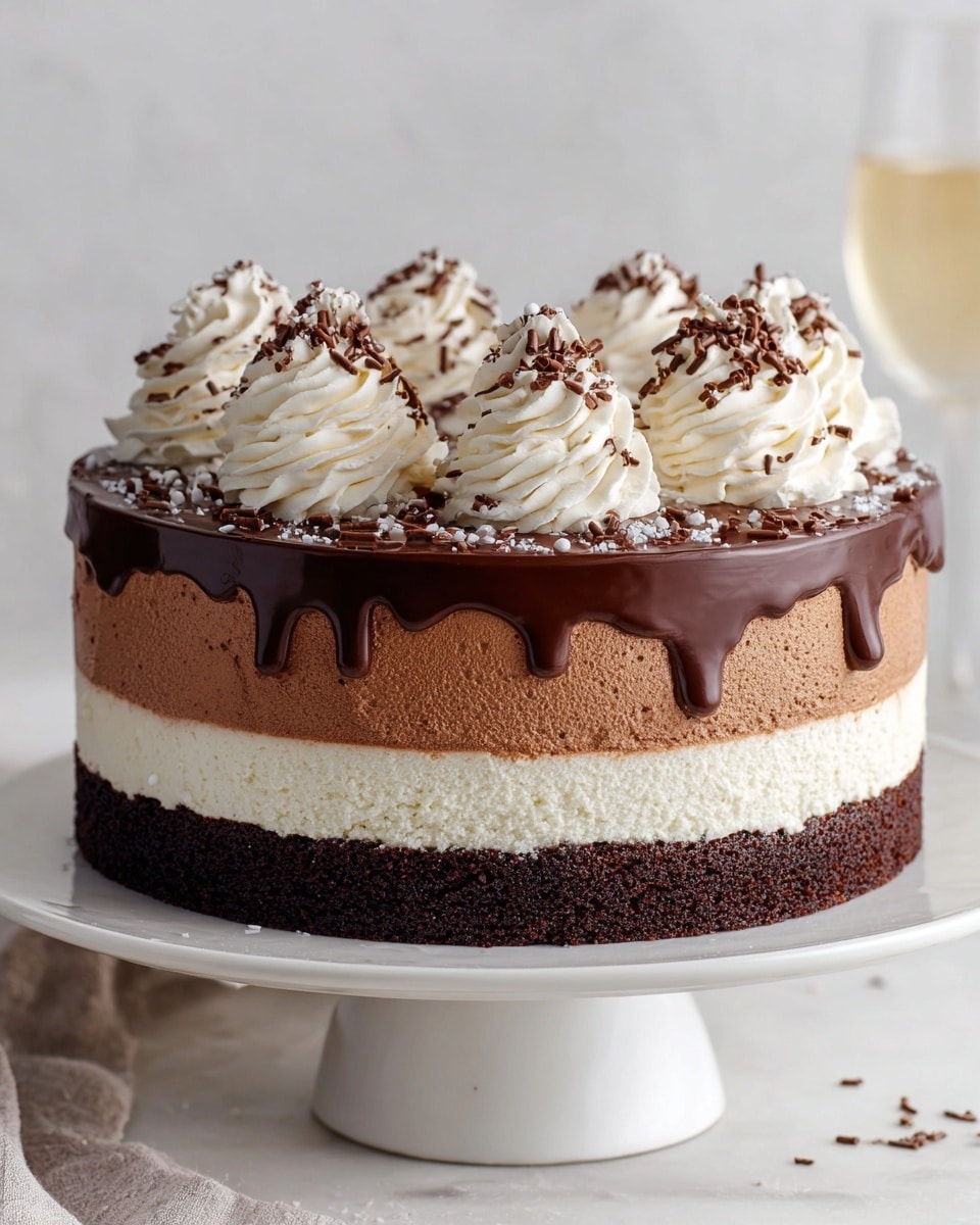 The image shows a round four-layered cake on a white plate placed on a white marbled surface. The bottom layer is a dense, dark chocolate cake with a crumbly texture. Above it is a smooth, thick layer of milk chocolate mousse with a creamy look. Next comes a thick layer of fluffy, white cream cheese or vanilla mousse with a light and airy texture. The top layer is a glossy dark chocolate ganache, decorated with chocolate sprinkles and small white crunchy bits scattered around the edge. The background is softly blurred with two champagne glasses visible, enhancing the elegant presentation. Photo taken with an iphone --ar 4:5 --v 7