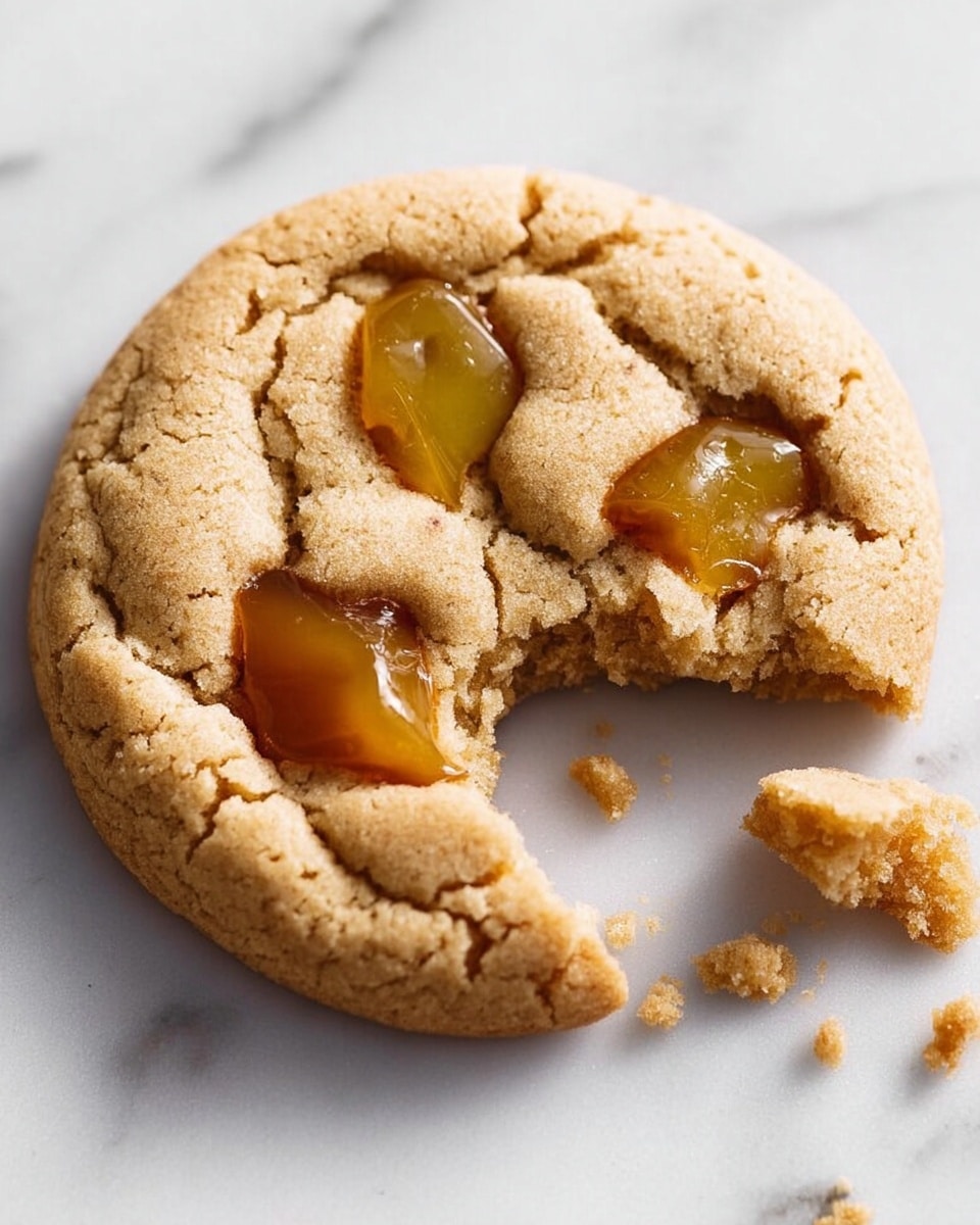 A close-up of a round cookie with a light golden-brown color, cracked surface, and soft texture, placed on a white marbled background. The cookie has three small pieces of caramel-colored filling embedded unevenly on its top layer, with one piece slightly sunken. A large bite is taken from the top right side, showing the thick, soft inside, with a broken piece next to the cookie. Photo taken with an iphone --ar 4:5 --v 7