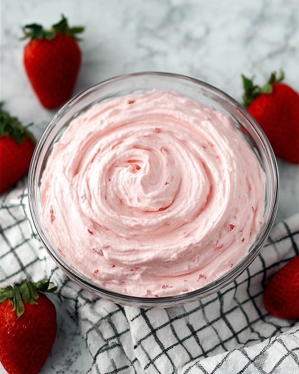 A clear glass bowl filled with light pink creamy mixture with small red specks swirled smoothly in the bowl, placed on a white marbled surface. Around the bowl, there are three bright red strawberries with green leaves, one resting inside a clear glass bowl on the right side of the image. A white cloth with black grid lines is placed on the upper left side, partially under the glass bowl. The overall scene is clean and fresh, highlighting the soft texture and light color of the creamy mixture. photo taken with an iphone --ar 4:5 --v 7
