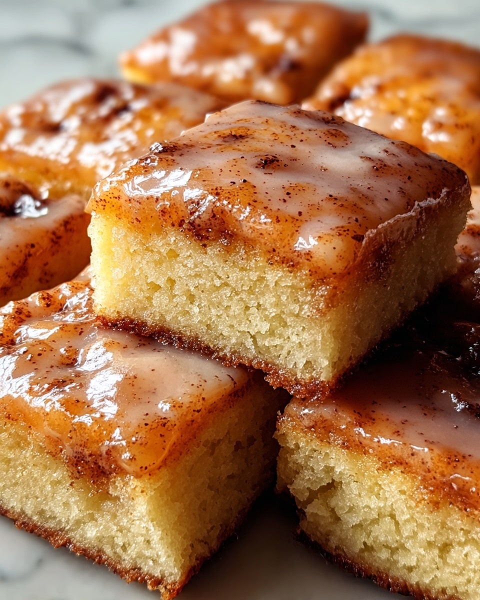 The image shows small square pieces of sticky, glazed pastry with a golden-brown crust. Each piece has two visible layers: the top layer is a shiny light brown glaze with a smooth texture, and the bottom layer is a slightly darker, caramelized crust. The inside looks soft, moist, and slightly translucent with a creamy yellow color. The pieces are stacked closely on a white plate, set on a white marbled texture. photo taken with an iphone --ar 4:5 --v 7