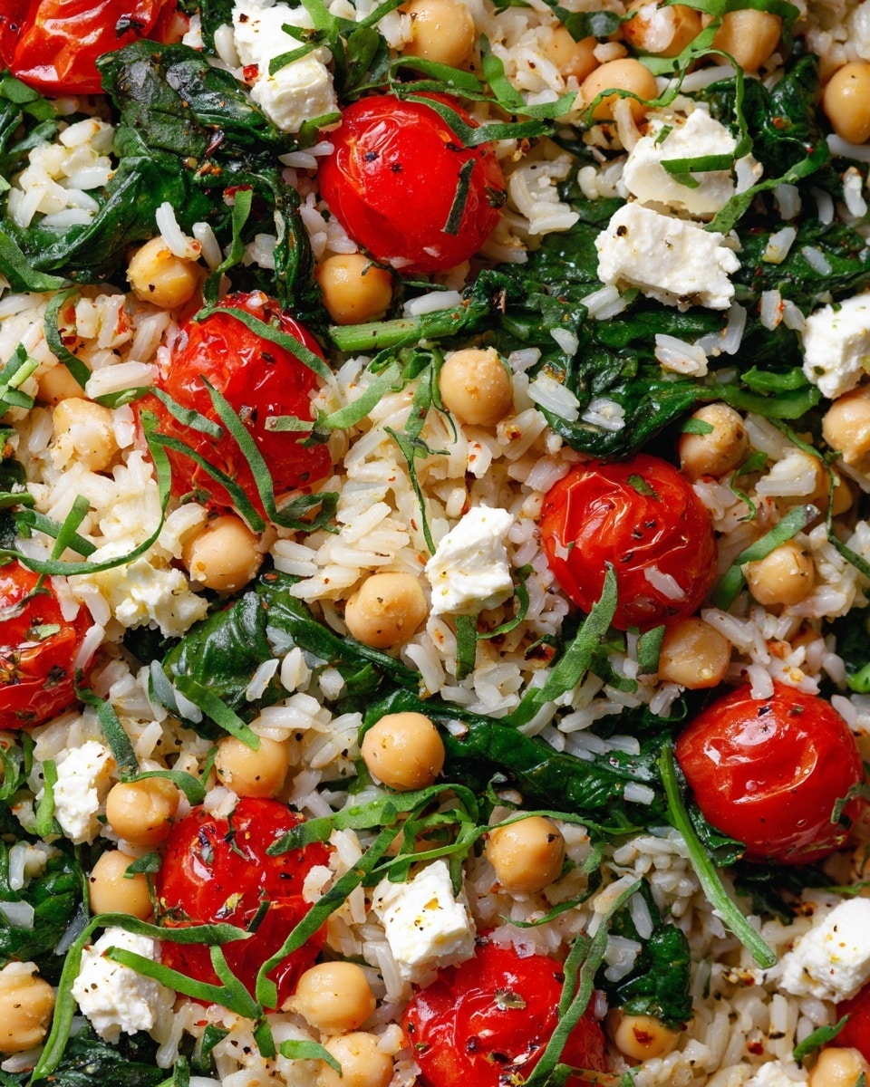 This image shows a close-up of a colorful rice salad that has three main layers mixed together: white rice grains spread all around, chickpeas with a light beige color scattered throughout, and bright red cherry tomatoes, some halved and some whole, sitting on top. Dark green wilted spinach leaves are mixed evenly through the dish, and white cubes of soft feta cheese sprinkle the salad, making a contrast with other colors. Fresh green herb sprigs are placed over some parts, adding a fresh look. The texture looks soft with some firm pieces like chickpeas and cheese photo taken with an iphone --ar 4:5 --v 7
