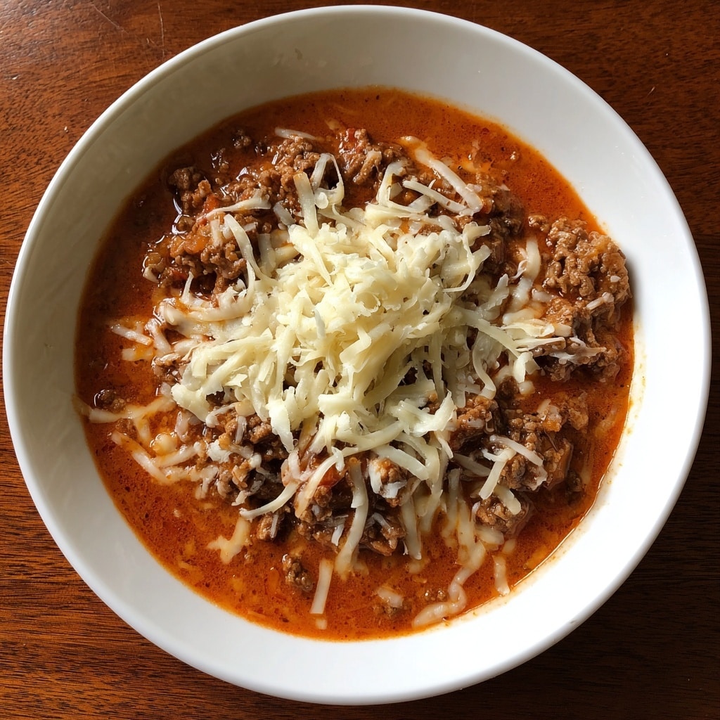 A close-up view of a white bowl filled with a dish that has two main layers: the bottom layer is a rich, oily reddish-brown sauce with a smooth texture, while the top layer consists of chunky cooked ground beef pieces that are brown and loosely packed. Over the meat, there is a layer of melted white cheese that looks creamy and slightly stringy, covering the center and parts of the beef. The bowl is placed on a white marbled surface. photo taken with an iphone --ar 4:5 --v 7