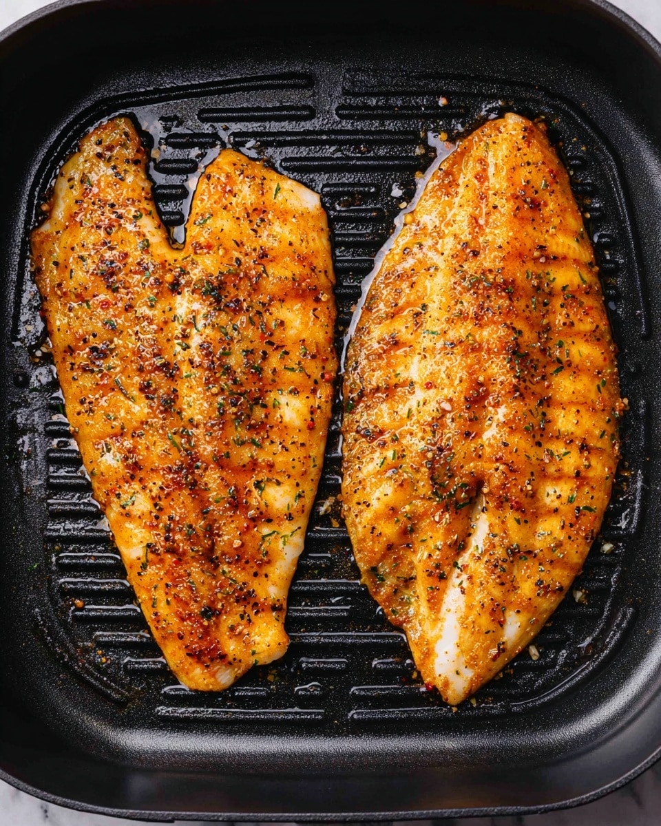 The image shows three grilled fish fillets stacked on a white plate with a speckled pattern, each fillet having a golden-brown color with visible seasoning and grill marks. Between and on top of the fillets, there are several thin lemon slices adding bright yellow and white color contrast. A silver spatula is lifting the top fish fillet, slightly tilting it upward. The plate is set on a white marbled surface, and in the blurred background, there are halved lemons and hints of green herbs adding a fresh touch. photo taken with an iphone --ar 4:5 --v 7