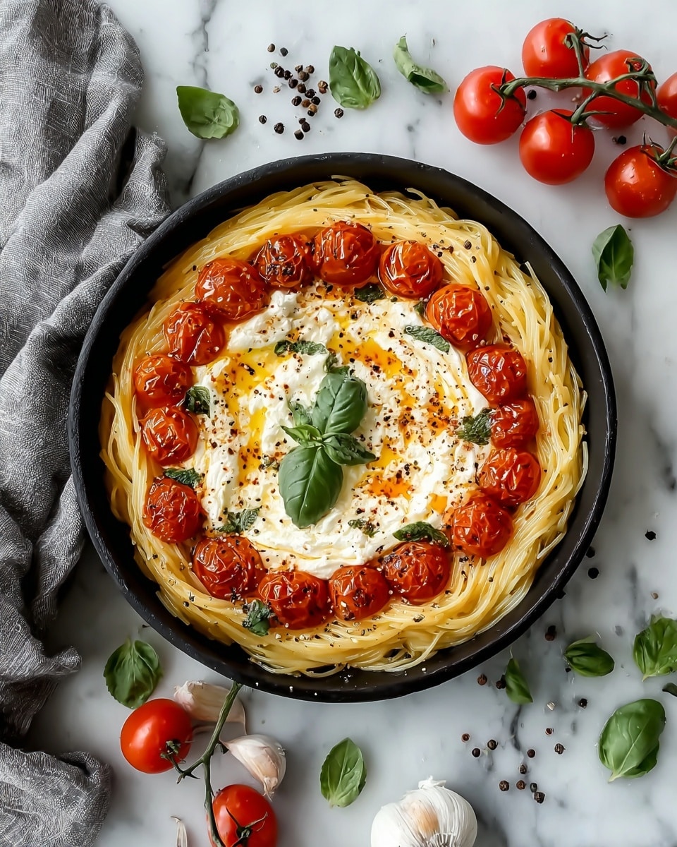 A black bowl sits on a white marbled surface filled with two main layers: a nest of light yellow spaghetti noodles arranged in a circular pattern taking up the right side, topped with a creamy white sauce and a drizzle of golden olive oil, sprinkled with black pepper and garnished with fresh green basil leaves. On the left side, a bunch of bright red cherry tomatoes still on the vine rests against the pasta. Around the bowl, whole tomatoes, garlic, black and white peppercorns, and basil leaves are scattered, all on the white marbled texture. photo taken with an iphone --ar 4:5 --v 7