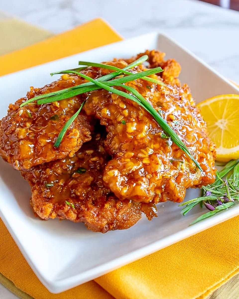 The dish shows two pieces of fried chicken with a shiny, sticky dark brown sauce covering the crispy texture. The inside of the chicken looks soft and white, showing the cooked meat where one piece has a small bite taken out. On top of the chicken are some fresh green chives, adding a bright color contrast. There is a small amount of yellow sauce or mustard on the side of the white plate. The plate sits on a white marbled surface with a yellow cloth nearby. Photo taken with an iphone --ar 4:5 --v 7