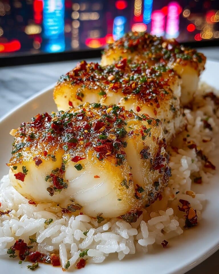 Sweet and Spicy Crispy Cod Strips with Garlic Chili Sauce over Jasmine Rice Recipe