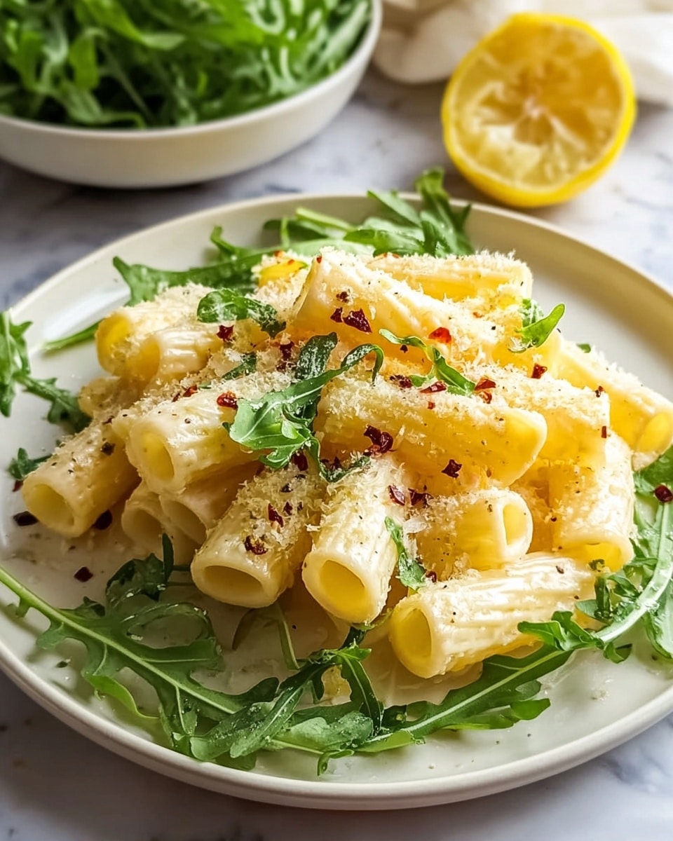 A white plate filled with a single layer of rigatoni pasta coated in a creamy, light yellow sauce. Scattered on top are small green arugula leaves mixed with finely grated white cheese. Sprinkles of black pepper and crushed red chili flakes add texture and color contrast across the pasta. In the background, there is a bowl of fresh arugula and a glass with a pale yellow sauce, all set on a white marbled surface. photo taken with an iphone --ar 4:5 --v 7
