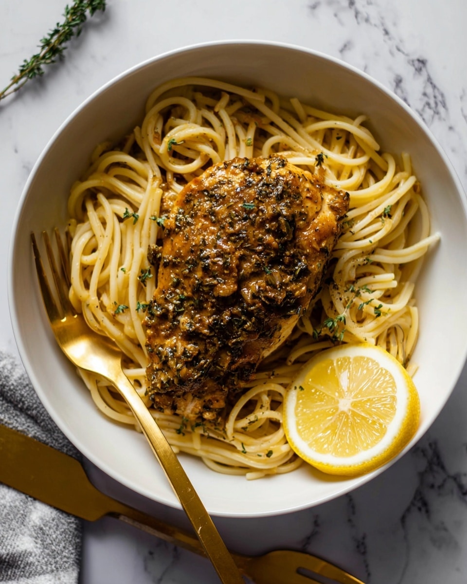 The image shows a red pan filled with three pieces of cooked chicken breasts covered in a creamy, thick sauce with visible green herbs spread evenly throughout the sauce. The sauce is a warm orange-brown color with a slightly oily texture, surrounding the chicken fully. A wooden spoon rests on the right edge of the pan, partially submerged in the sauce. Around the pan are lemon halves, a garlic bulb, and a white cloth, all sitting on a white marbled surface. Photo taken with an iphone --ar 4:5 --v 7