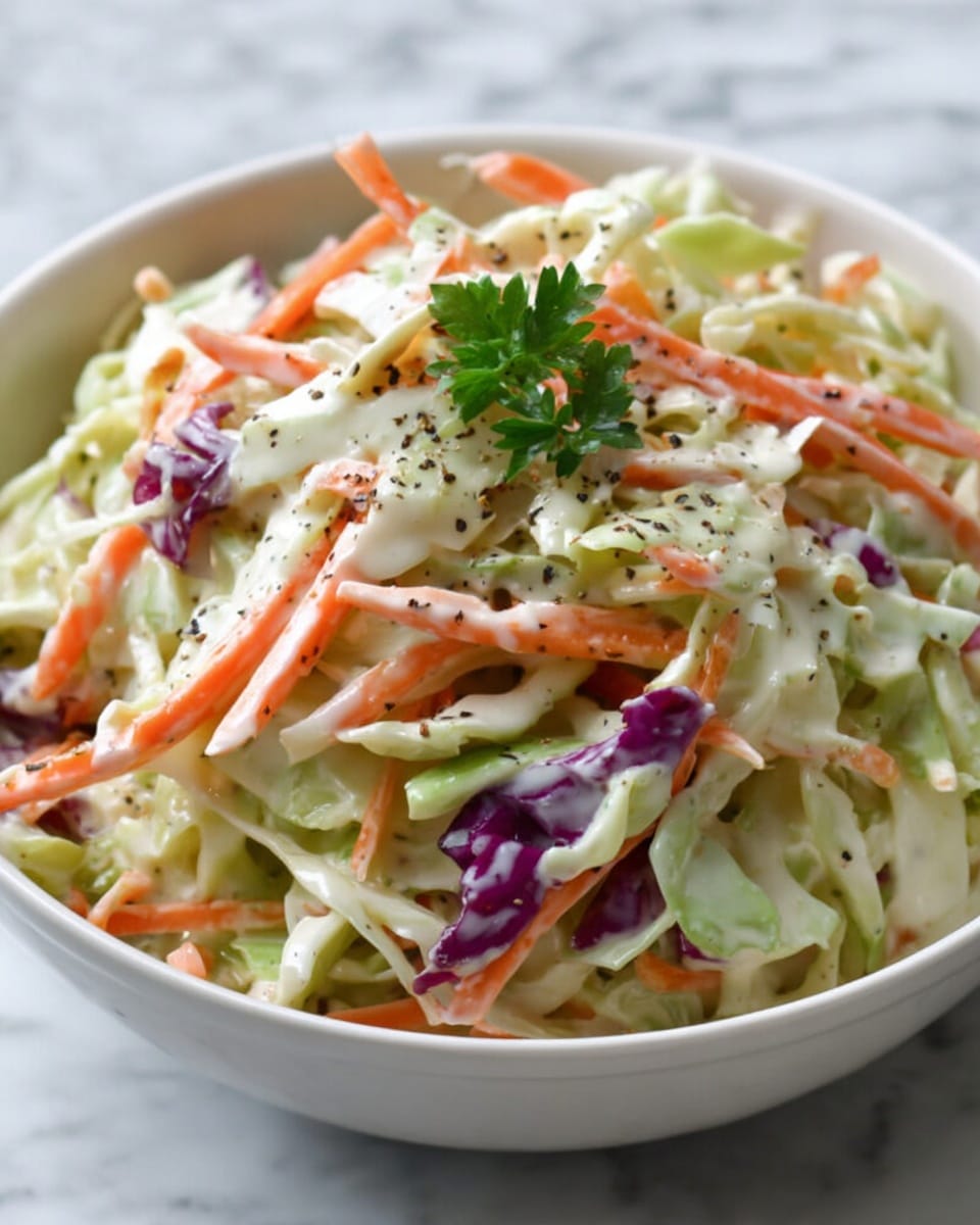 A white bowl filled with creamy coleslaw made of three main layers: the base layer has shredded light green cabbage, thin orange carrot strips, and some bits of purple cabbage mixed in; the second layer is a thick, smooth white dressing spread evenly across the vegetables; the top layer shows black pepper flakes sprinkled all over with a small green parsley leaf in the center for garnish, all placed on a white marbled surface. Photo taken with an iphone --ar 4:5 --v 7