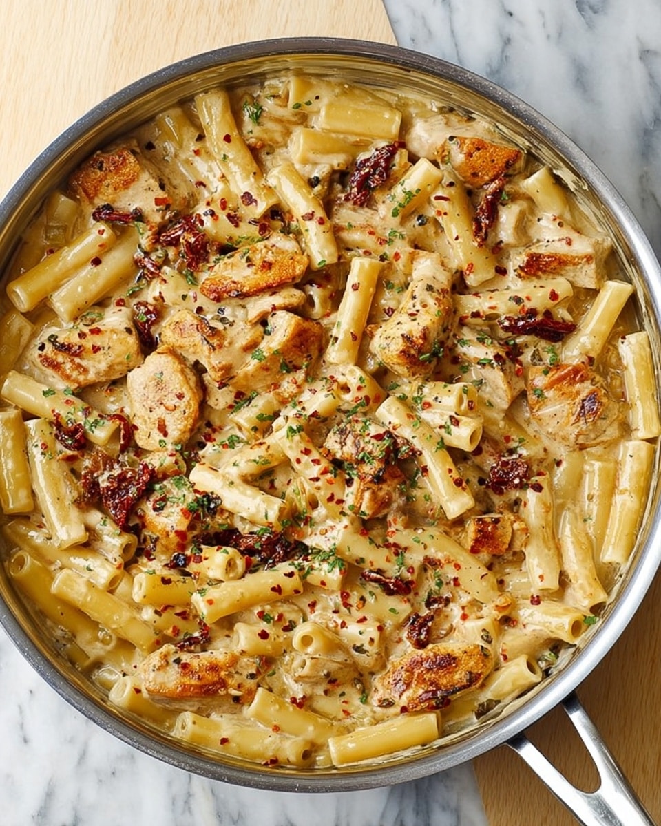The image shows a white plate filled with a creamy pasta dish. The pasta is short tubes, light beige in color, mixed with pieces of cooked chicken that are coated in a thick, creamy sauce with a slightly orange tint. There are bits of red, likely sun-dried tomatoes, adding spots of color. The entire dish is sprinkled with small green herbs and some red pepper flakes, which add texture and contrast on top of the sauce. The plate is on a white marbled surface. Photo taken with an iphone --ar 4:5 --v 7