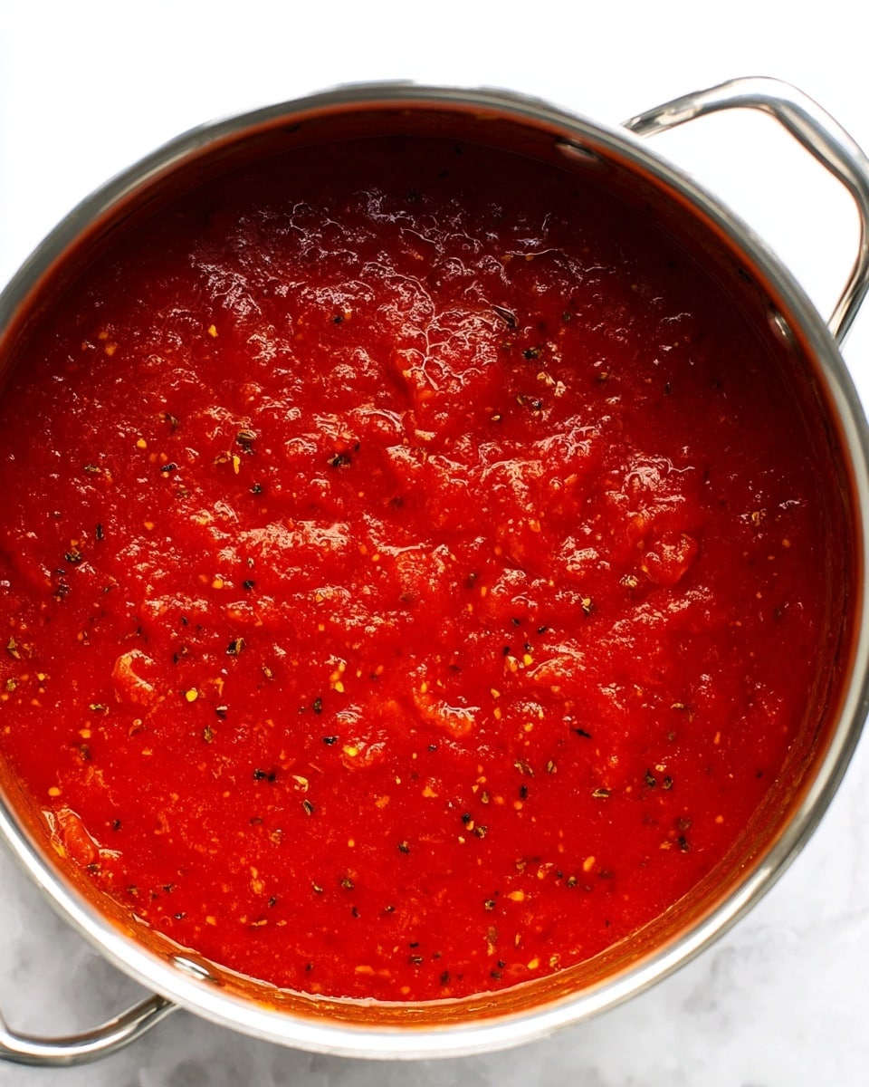 A close-up of a stainless steel pot filled with bright red tomato sauce that has a chunky texture with visible small bits of tomato and herbs evenly spread throughout. A wooden spoon is partially lifted from the sauce, showing its thick, glossy surface, and a woman's hand gently holds the spoon’s handle on the left side of the image. The pot sits on a white marbled surface, adding subtle detail in the background. photo taken with an iphone --ar 4:5 --v 7