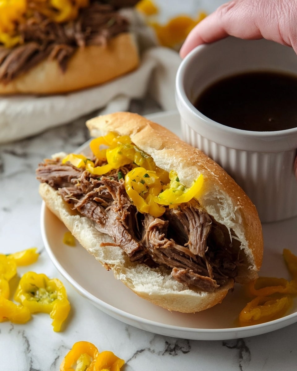 A sandwich is shown on a white oval plate with a dotted rim, set on a white marbled surface. The sandwich has one layer of light brown toasted bread in a hot dog bun shape. Inside, there is a layer of smooth white cheese placed directly on the bread. On top of the cheese, there is a layer of shredded brown meat, piled high with a soft, fibrous texture. Scattered on the meat are bright yellow pepper rings, adding a pop of color and texture contrast. Next to the sandwich on the plate is a small white ramekin filled with dark brown dipping sauce. Photo taken with an iphone --ar 4:5 --v 7