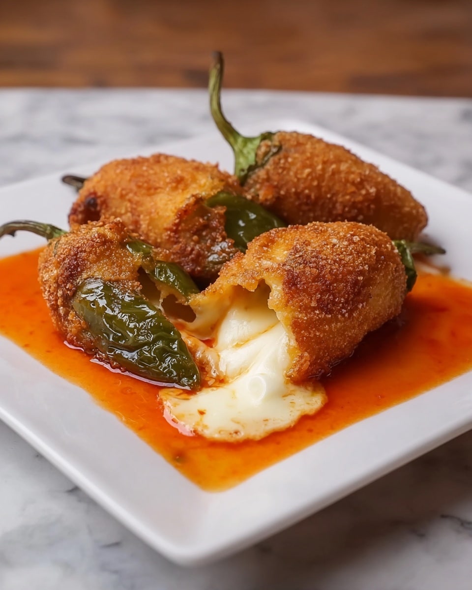 Three fried stuffed peppers sit on a white square plate. Each pepper is golden brown and crispy with a slightly rough texture. One pepper in the front is split open, revealing gooey, melted white cheese oozing out, stretching smoothly onto the plate. The peppers have green stems still attached, with soft, cooked green skin peeking through the fried coating at the openings. Beneath the peppers, there is a layer of bright orange-red sauce with a glossy, smooth texture that pools around the base. The plate is set on a white marbled surface. Photo taken with an iphone --ar 4:5 --v 7