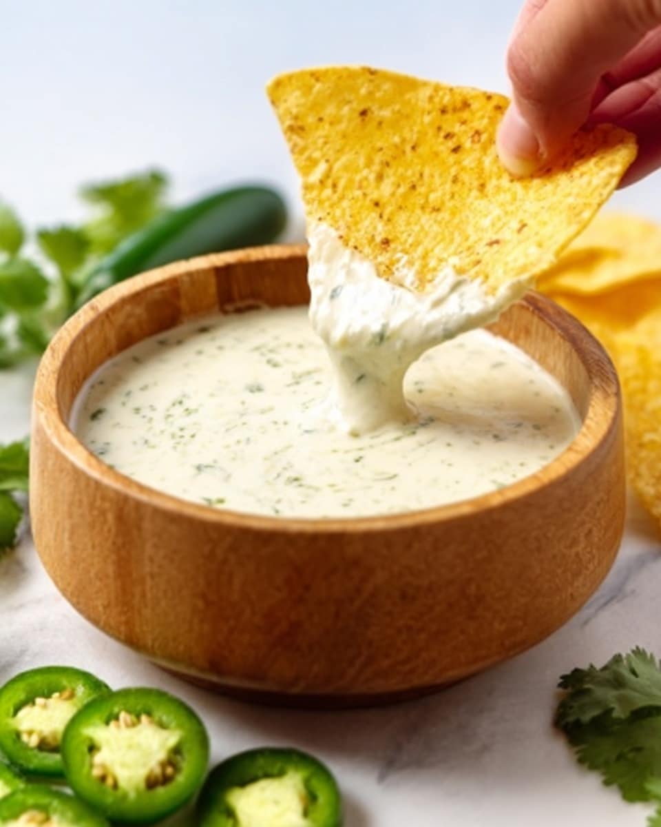 A white triangular chip is partly dipped into a creamy, pale green sauce inside a small round wooden bowl. The sauce has a smooth texture with some tiny green specks visible. The bowl is set on a white marbled surface with a few sliced green jalapeños and fresh cilantro leaves nearby. A woman's hand is holding the chip from the top left corner of the image. Photo taken with an iphone --ar 4:5 --v 7