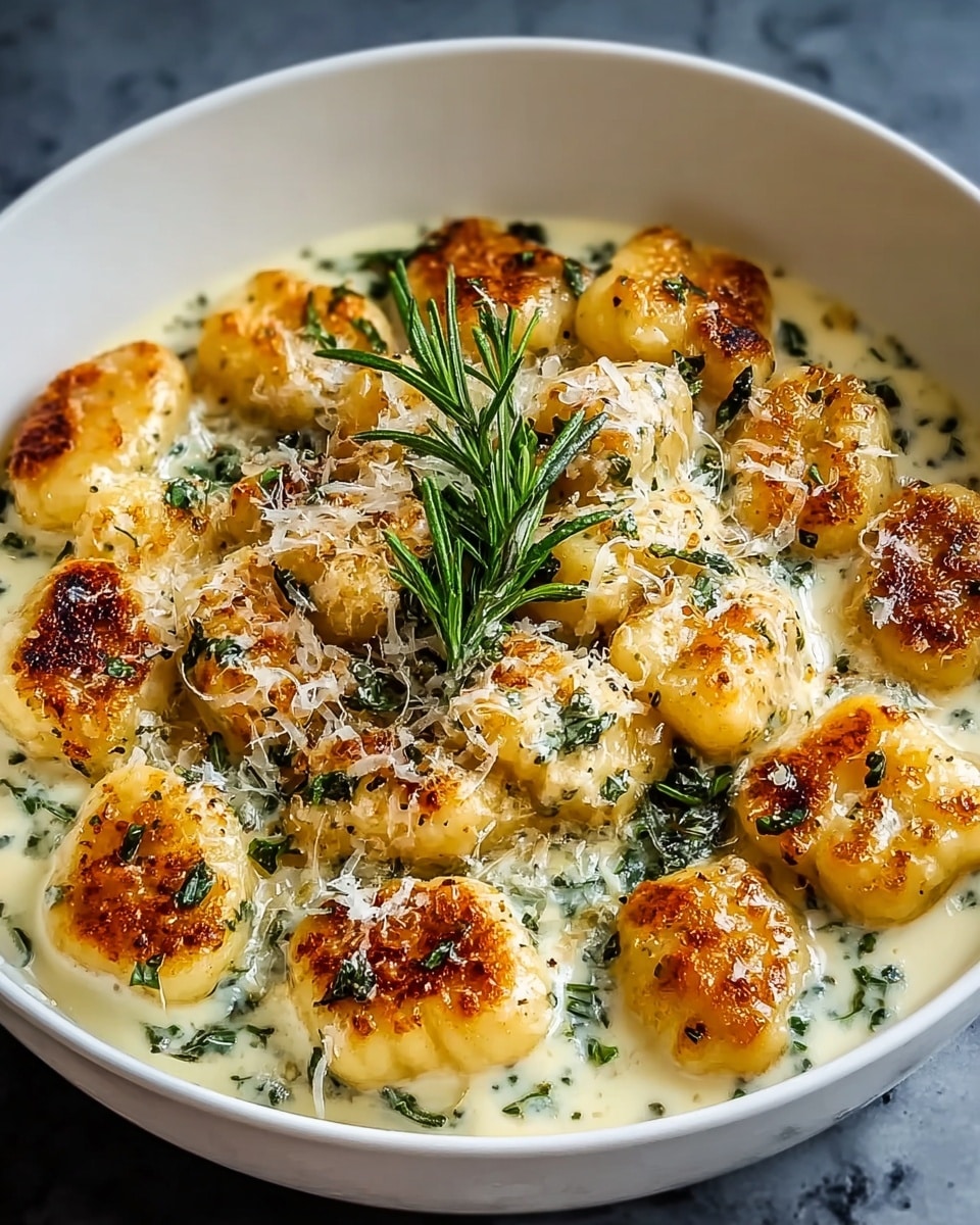 This image shows a white bowl filled with creamy gnocchi. Each gnocchi piece is golden brown on top with a soft and smooth texture underneath, covered in a white sauce with green spinach bits mixed in. On the surface, there is a light sprinkle of grated cheese adding texture and a small sprig of fresh rosemary placed in the center. The bowl sits on a white marbled surface. photo taken with an iphone --ar 4:5 --v 7