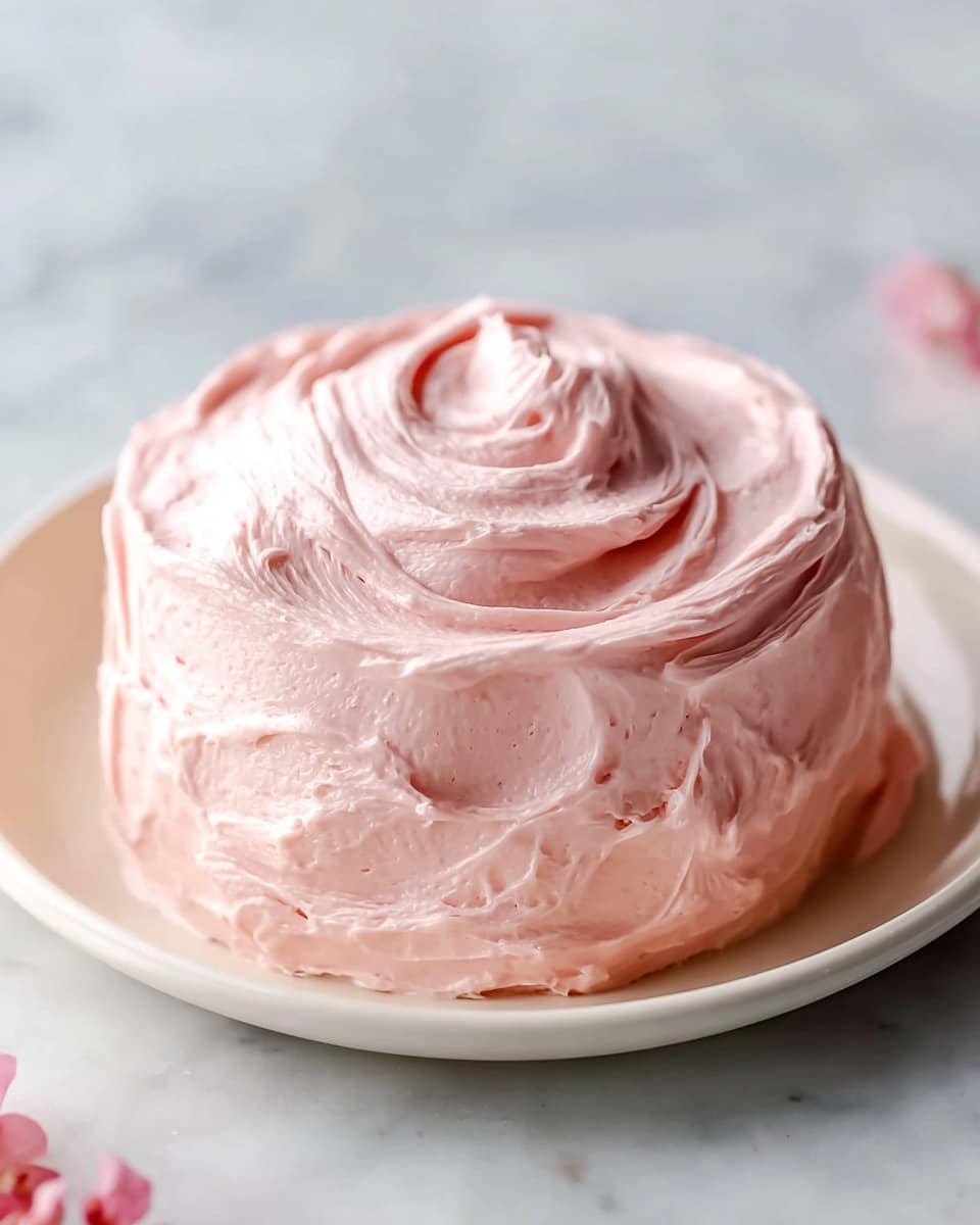 A small round cake with two visible layers, covered completely in thick, creamy pink frosting with a soft, smooth texture and swirling patterns on the top and sides, sitting on a white plate that highlights the pale pink color of the frosting, all placed on a white marbled surface. Photo taken with an iphone --ar 4:5 --v 7