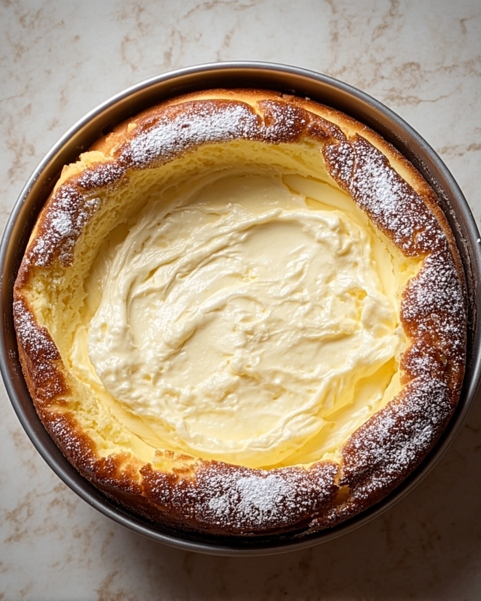 A round baked cheese cake in a silver cake pan, showing three main layers: the outer edge is a golden-brown crust with a slightly raised and cracked texture dusted with powdered sugar, the middle layer is a firm light yellow baked cheese filling that holds the shape, and the top layer is a soft, creamy, pale yellow cheese topping that looks smooth and slightly glossy with some swirled peaks and valleys. The cake pan sits on a white marbled surface. photo taken with an iphone --ar 4:5 --v 7