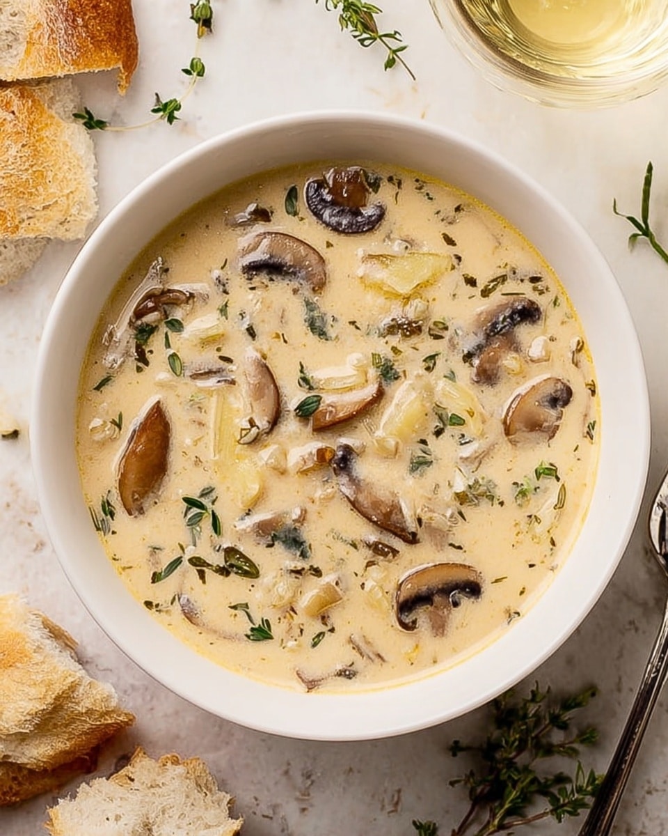 A white bowl filled with creamy mushroom soup that has a light beige color with visible small pieces of sliced mushrooms and herbs scattered throughout. The soup surface has a smooth texture with tiny bubbles and bits of green herbs on top, including a sprig of thyme placed near the center. Around the bowl, there are small pieces of rustic bread with a golden crust, placed on a white marbled surface. Photo taken with an iphone --ar 4:5 --v 7