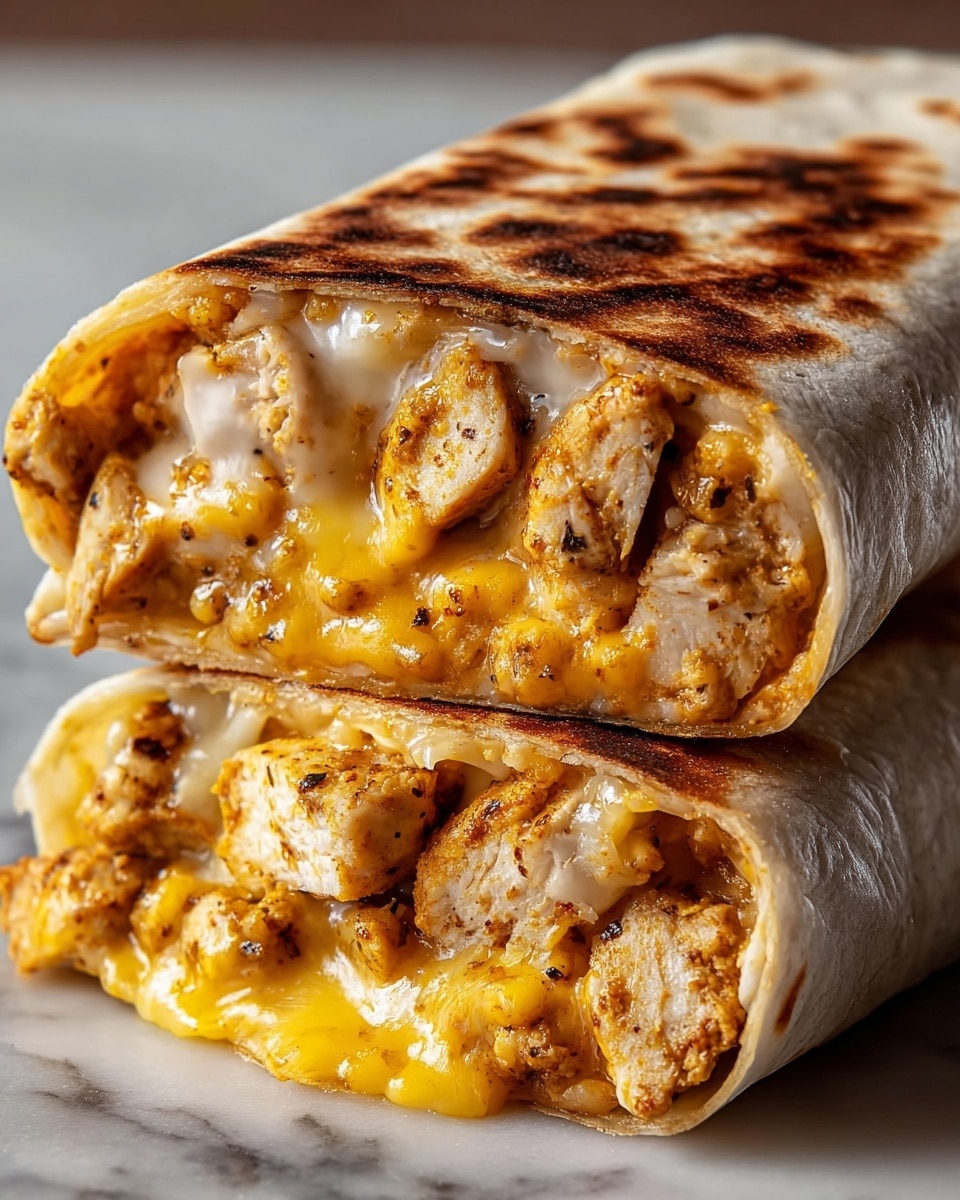 A close-up of a toasted wrap cut in half and stacked, showing three main layers inside: a browned, soft flatbread on the outside, a middle layer of lightly seasoned, grilled chicken pieces in white and light golden tones, and a creamy layer of melted yellow cheddar cheese mixed with white sauce filling the gaps. The wrap is placed on a white marbled surface, highlighting the crisp, golden brown grill marks and the gooey, melty texture of the cheese and sauce inside. photo taken with an iphone --ar 4:5 --v 7