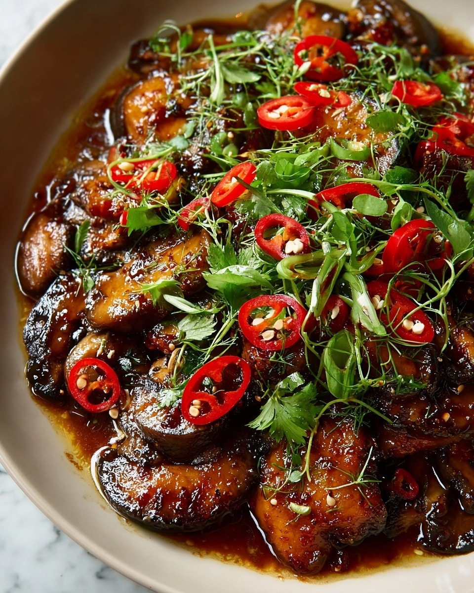 The dish shows a close-up of a white plate filled with browned, grilled chicken pieces with a slightly charred texture. Scattered among the chicken are sliced, golden-brown mushrooms and bright red roasted pepper pieces. The food is topped with small sprigs of fresh green parsley, adding a touch of color contrast. The dish looks juicy with a shiny, dark glaze coating and small bits of seasoning visible on the surface, sitting against a white marbled background. photo taken with an iphone --ar 4:5 --v 7