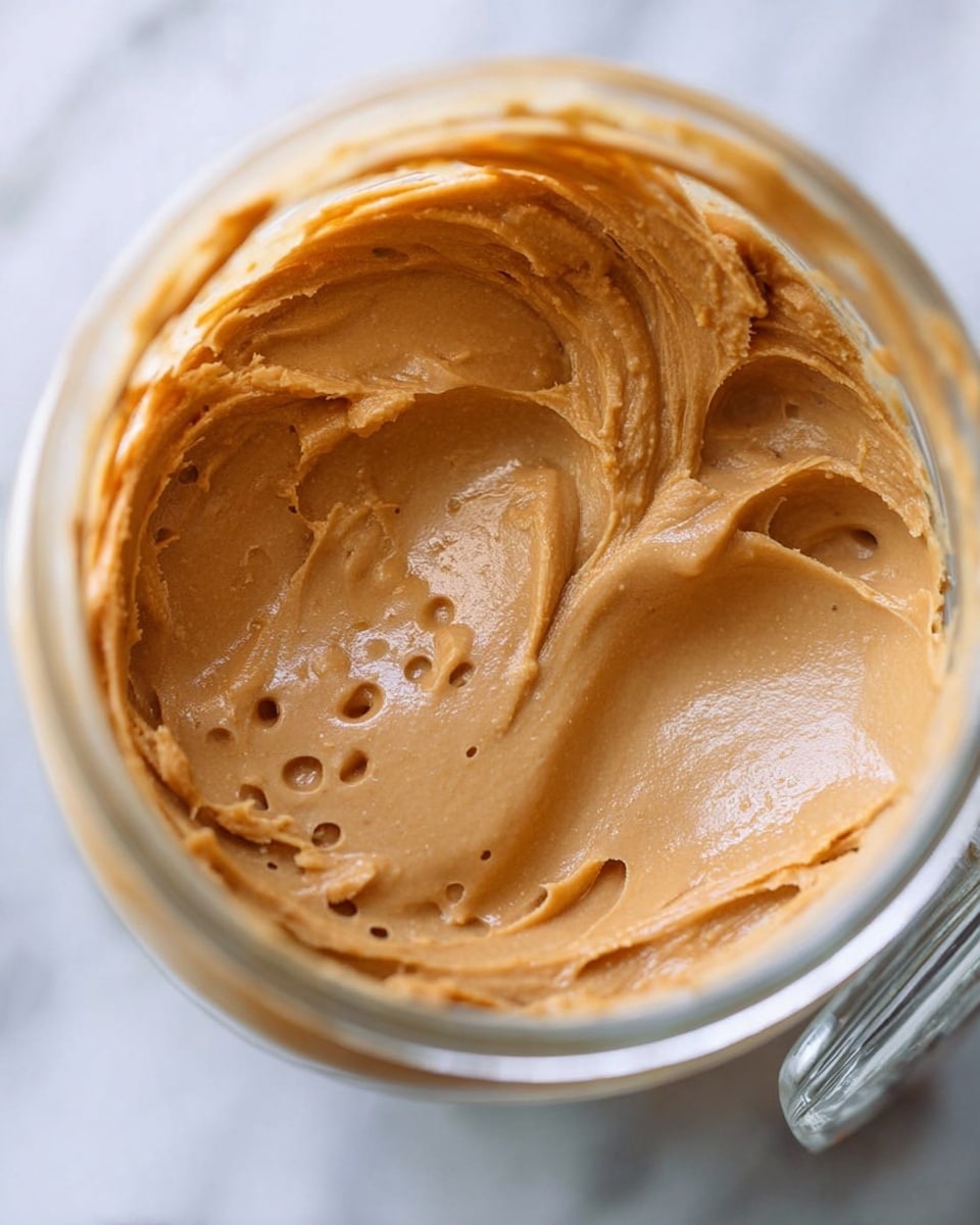 The image shows a close-up of a creamy, light brown mixture with a smooth and swirled texture inside a white bowl. Visible small dark specks are scattered throughout the thick batter, giving it a slightly grainy look. A mixing tool is partially visible on the right side, embedded in the dense mixture, with glossy folds and ridges formed by stirring. The bowl sits on a white marbled surface, enhancing the warm tones of the batter. photo taken with an iphone --ar 4:5 --v 7