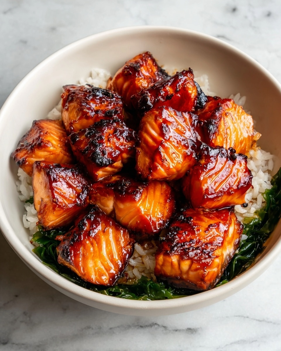 In a white bowl, pieces of grilled salmon with a shiny, caramelized brown and orange surface are piled on top. Beneath the salmon chunks, there is a layer of white rice visible mostly at the edges, and under the rice, a dark green layer of seaweed or leafy greens can be seen faintly. The bowl rests on a white marbled surface, adding a clean and light background to the rich colors of the dish. Photo taken with an iphone --ar 4:5 --v 7