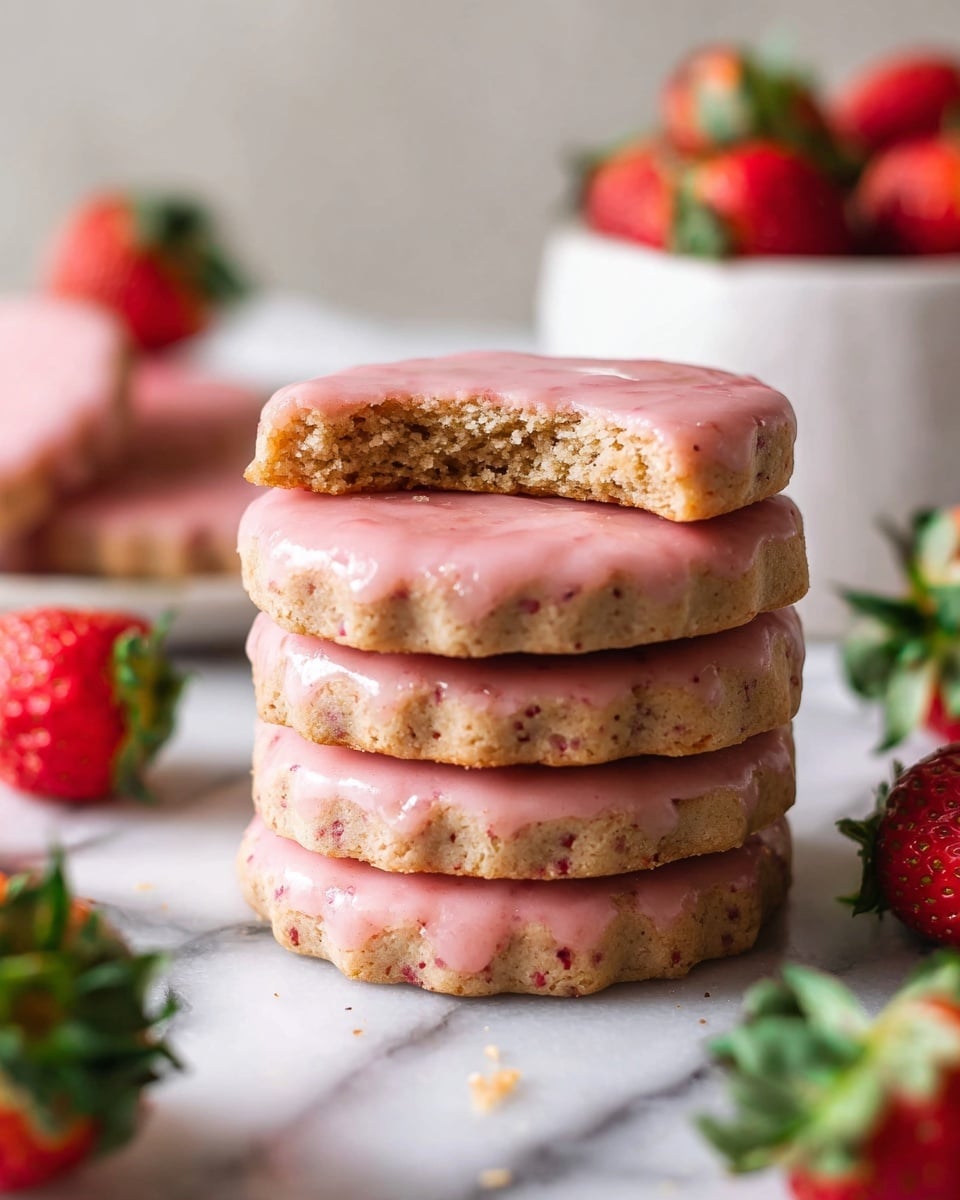 A stack of six round cookies with pink icing sits on a white marbled surface. Each cookie has a crumbly light brown base with a smooth, glossy pink icing on top that drips slightly over the edges. The top cookie has a bite taken out, showing a dense, crumbly texture inside. In the background, there is a white bowl filled with fresh red strawberries and a glass jar holding green leafy stems and white flowers. Additional cookies and strawberry halves are scattered around the stack. Photo taken with an iphone --ar 4:5 --v 7