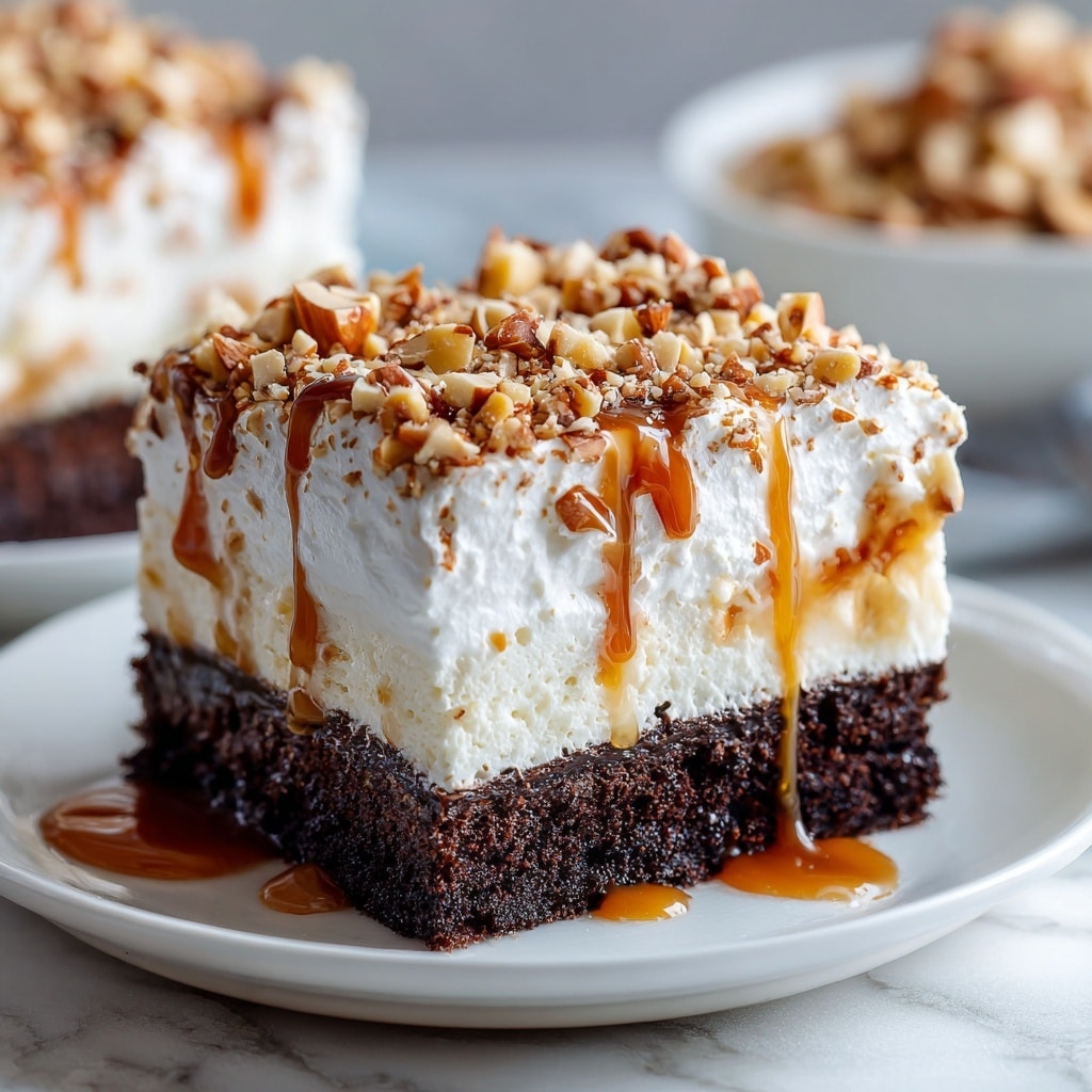 A white oval slow cooker is filled with a dessert that has several visible layers. The bottom layer is dark and dense, likely chocolate or cake. On top is a thick white layer of whipped cream or frosting with a soft, fluffy texture, which is drizzled with a golden caramel sauce. Sprinkled over the entire top are small, light brown chopped nuts adding a crunchy texture. A black spoon is scooping up some of the dessert, showing the dark layer underneath the white cream. The slow cooker is placed on a white marbled surface, near a small spoon in a glass bowl of caramel sauce, a black-rimmed bowl filled with chopped nuts, and a white plate with several forks. Photo taken with an iphone --ar 4:5 --v 7