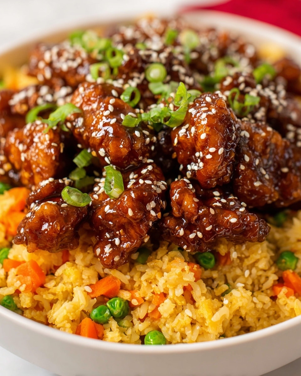 The image shows a close-up of golden-brown fried chicken pieces coated in a shiny, sticky orange glaze with visible sesame seeds sprinkled on top. The chicken pieces are clustered together on a light wooden spoon, with some tiny green herb bits mixed in. The background is dark and blurred, making the chicken the clear focus of the image. The texture of the chicken looks crispy and saucy at the same time. Photo taken with an iphone --ar 4:5 --v 7