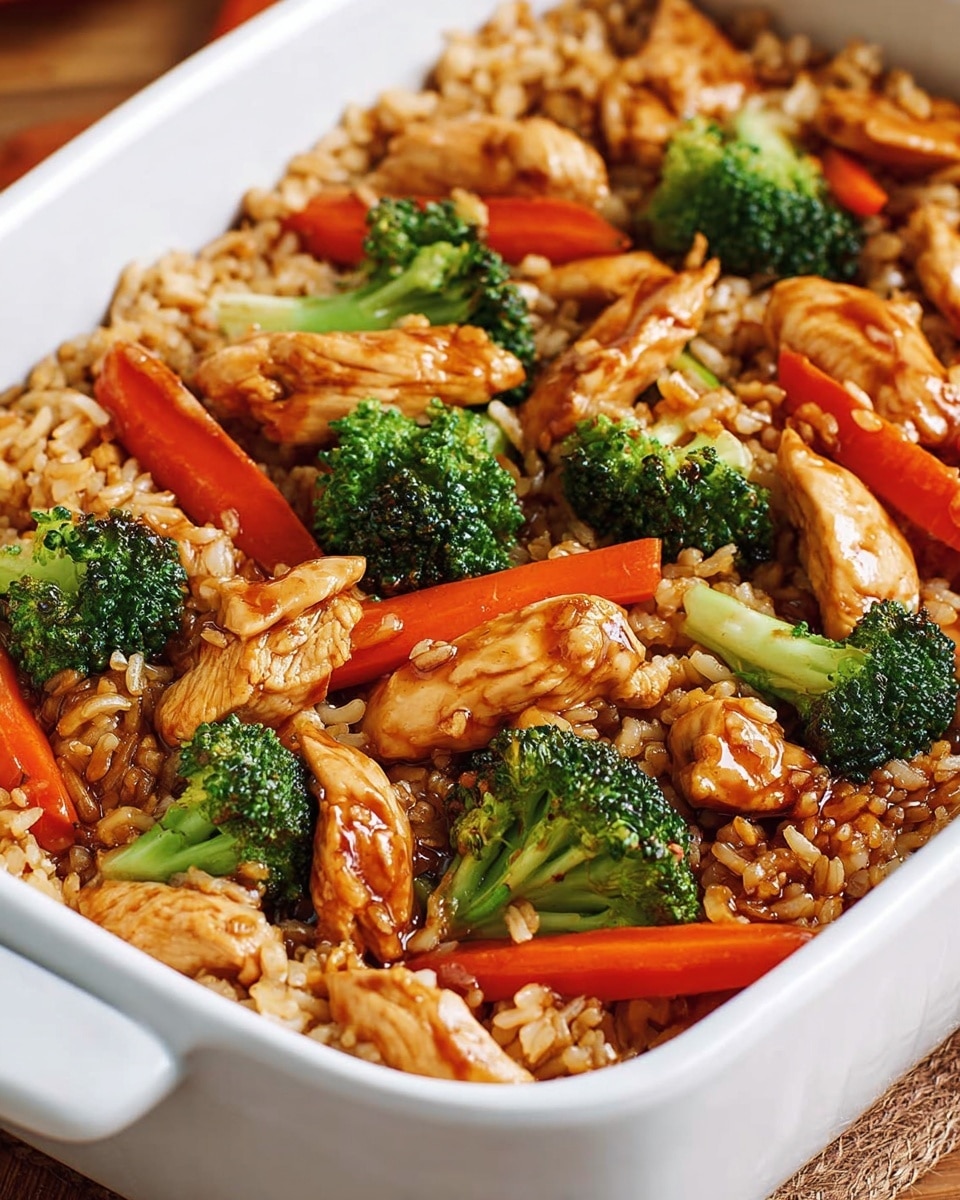 A close-up of a white rectangular baking dish filled with a stir-fry style meal that has three main layers: the bottom layer is light brown cooked rice covered evenly across the dish, mixed throughout with small bits of sauce giving it a glossy finish; the middle layer includes bright orange baby carrots placed lengthwise, slightly embedded in the rice but visibly distinct; the top layer consists of tender, golden-brown cooked chicken pieces and vibrant green broccoli florets scattered evenly on top, all coated with a shiny, savory sauce that gives the dish a rich, appetizing look. photo taken with an iphone --ar 4:5 --v 7