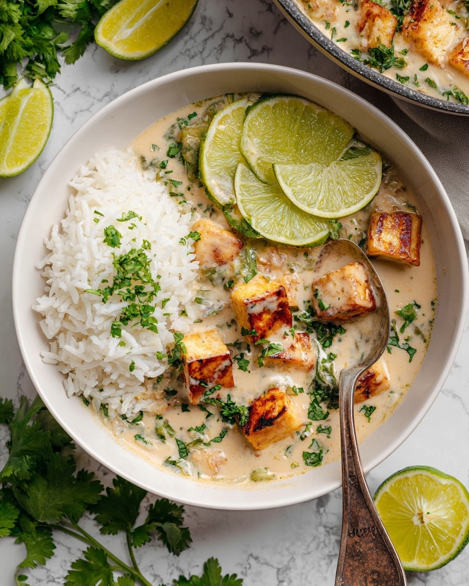 A black pan filled with a creamy light orange soup, scattered with golden browned cubes of grilled halloumi cheese. Bright green chopped cilantro leaves float throughout, along with a few thin lime slices layered on top. The pan sits on a white marbled surface with a lime and a white cloth softly blurred in the background. photo taken with an iphone --ar 4:5 --v 7
