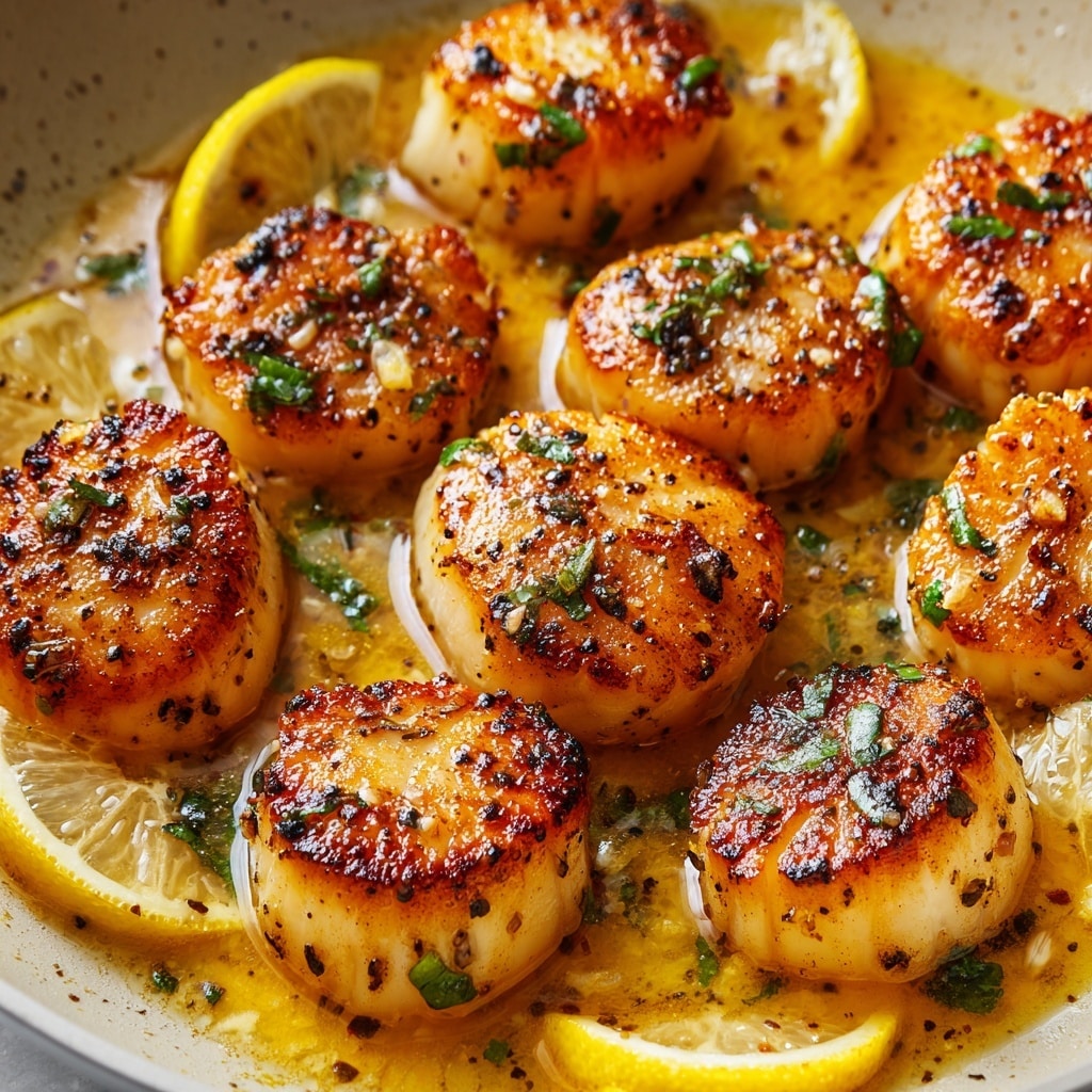 The image shows a close-up view of a pan filled with golden-brown seared scallops arranged in a slightly overlapping pattern, each scallop showing a caramelized crust with specks of black pepper and green herbs sprinkled on top. The scallops sit in a glossy, melted butter sauce with a yellow-orange tint, pooling gently around them. Thin lemon slices are placed around the edges, adding a bright contrast. The pan’s surface is a light, slightly textured white, and the overall focus is on the glossy and juicy texture of the scallops, highlighting their freshness and seasoning. photo taken with an iphone --ar 4:5 --v 7