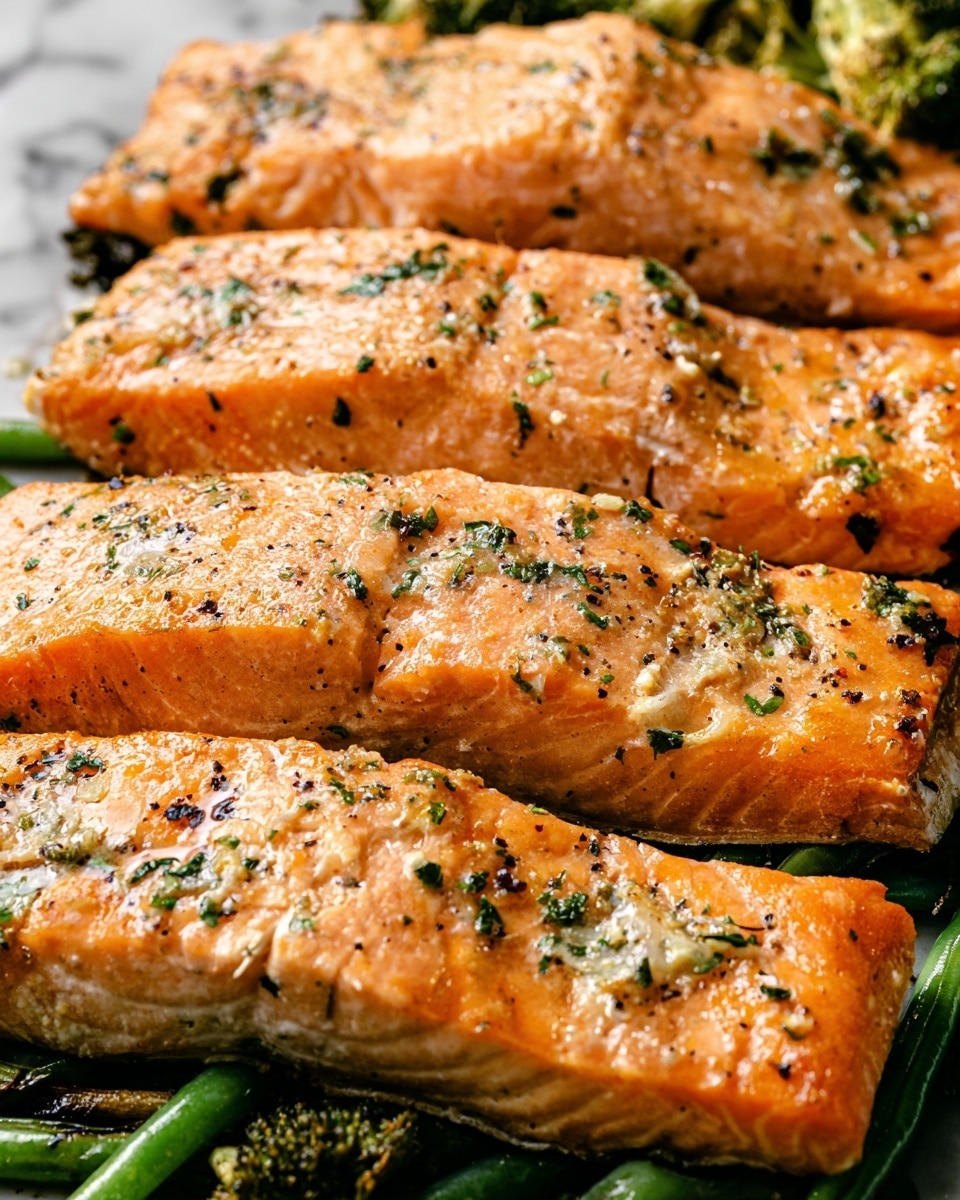 The image shows several pieces of cooked salmon fillets arranged close together on a white marbled textured surface. Each salmon piece has a light golden-brown color with a slightly crispy outside, sprinkled with small bits of garlic and finely chopped green herbs. The fillets have visible layers of pinkish-orange fish flesh with a tender, flaky texture. Beneath and around the salmon, there are hints of green vegetables, possibly green beans, adding some contrast in texture and color. The overall look is fresh and appetizing with a slight shine from oils used in cooking. Photo taken with an iphone --ar 4:5 --v 7