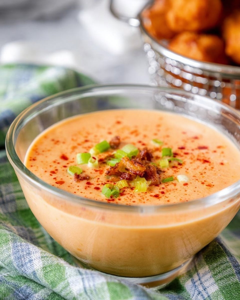 A clear glass bowl filled with a creamy pinkish-orange soup, topped with small green onion pieces, tiny light yellow chunks, and sprinkled with red spice powder; the bowl sits on a folded blue, green, and white checkered cloth over a white marbled surface. In the background, a metal basket filled with golden brown fried snacks is partially visible, adding texture and contrast to the scene. photo taken with an iphone --ar 4:5 --v 7