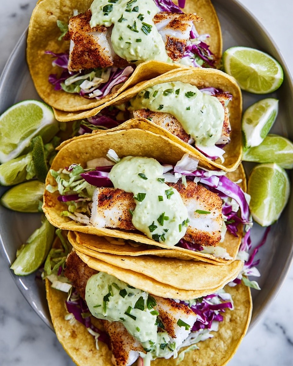 A white oval plate holds four soft tacos layered with golden, lightly charred tortillas. Inside each taco, there is a thick piece of browned, grilled white fish on the bottom, topped with bright purple shredded cabbage, small bits of fresh green cilantro, and dollops of creamy pale green sauce. Lime wedges rest on the sides of the plate, adding a pop of bright green. The plate sits on a white marbled surface, with a bowl of green sauce and another bowl of fresh tomato salsa nearby. Photo taken with an iphone --ar 4:5 --v 7