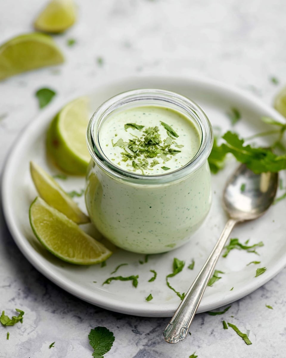 A small glass jar filled with a creamy light green sauce speckled with tiny green herbs, placed on a white plate with another white plate underneath. The sauce looks smooth and thick, with a few small herbs sprinkled on top. In the blurry white marbled background, there are lime wedges and some green herb leaves scattered around, adding contrast to the soft colors of the sauce. photo taken with an iphone --ar 4:5 --v 7