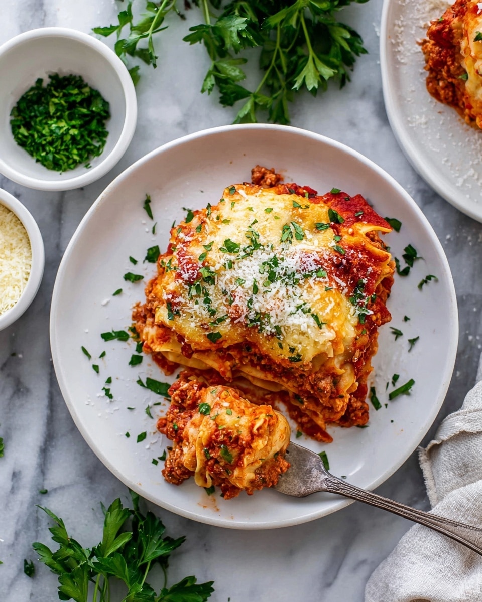 A white plate holds a serving of layered lasagna with four visible layers, starting with a base of red tomato sauce mixed with ground meat, followed by a layer of pale ricotta cheese, then pasta sheets with a golden melted cheese layer on top, sprinkled with chopped green parsley and grated white cheese. A silver fork on the plate lifts a piece of lasagna showing the textured layers. Around the plate are small white bowls, one with chopped green herbs and the other with grated white cheese, set on a white marbled surface with fresh green parsley sprigs nearby. photo taken with an iphone --ar 4:5 --v 7